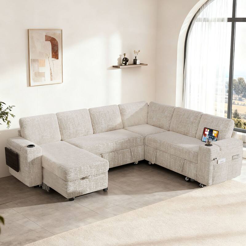 Left. Dyonery - 110" Modular Sectional Sofa with Pull Out Bed,Chenille Fabric 7 Seat Sectional Sofa with Storage,for Living Room - Beige.