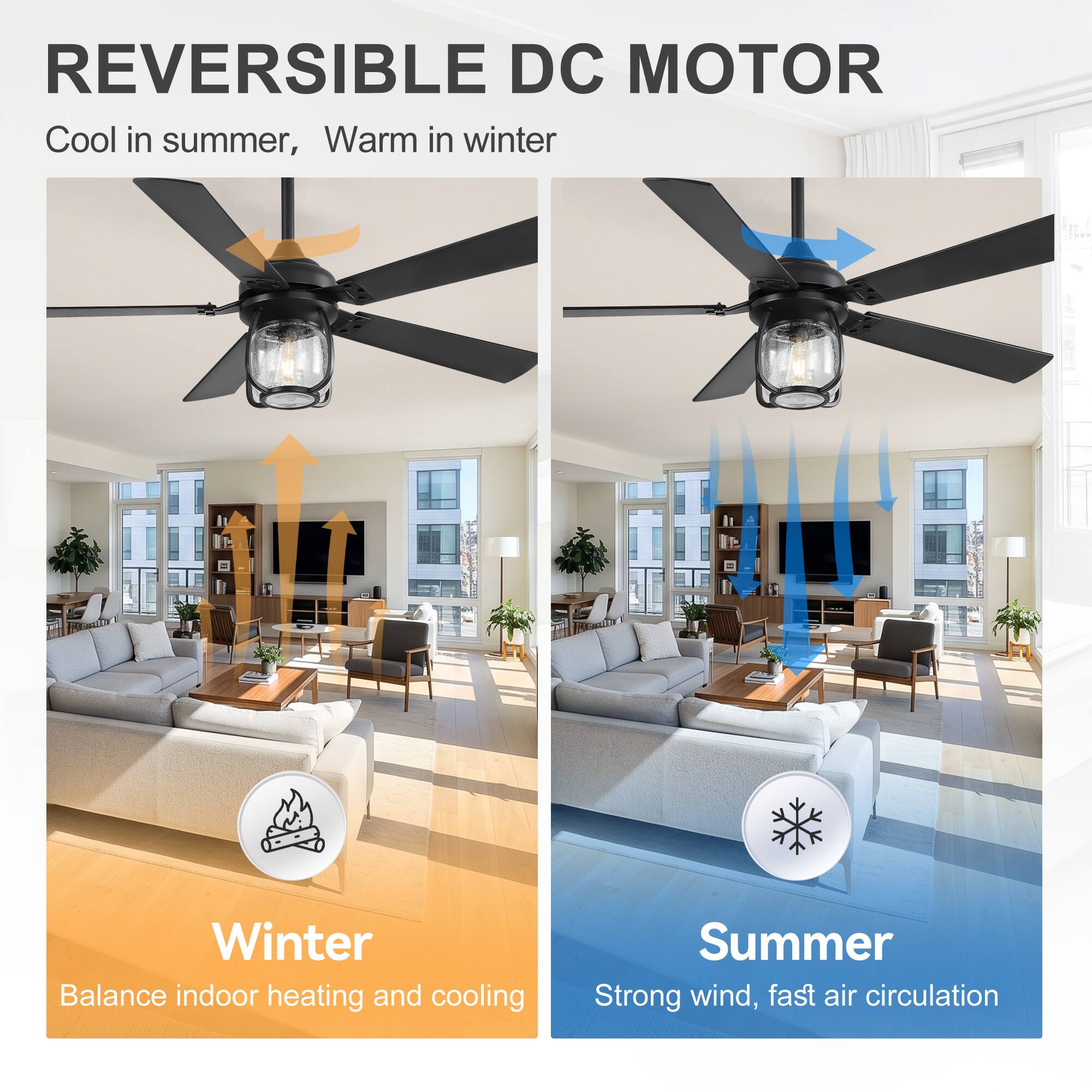 REVERSIBLE DC MOTOR  
Cool in summer, Warm in winter  

Winter  
Balance indoor heating and cooling  

Summer  
Strong wind, fast air circulation
