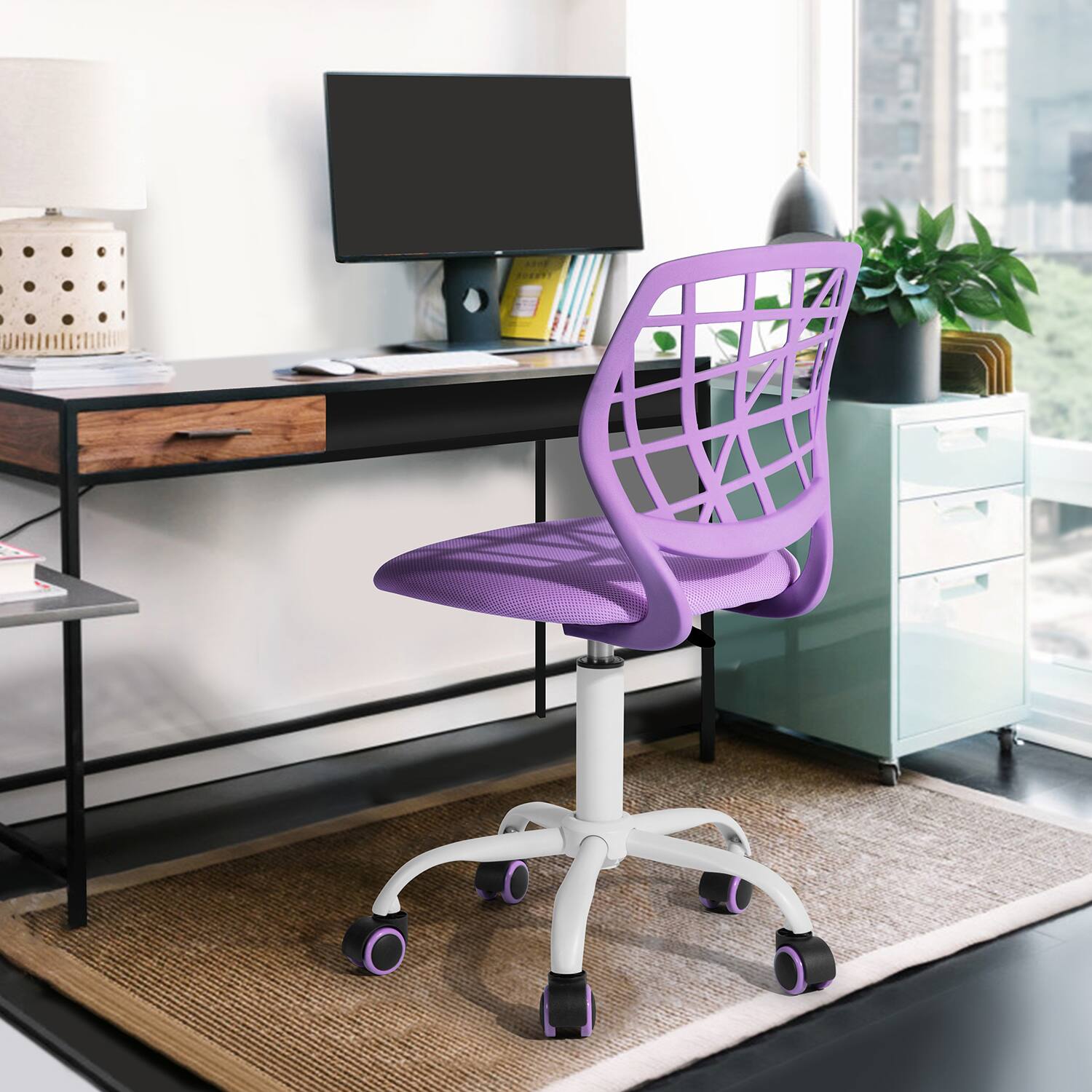 Back. Spaco - Spaco Modern Kids Desk Chair, Armless Adjustable Swivel Study Chair with Soft Mesh Cushion, Plastic Low Back for Teens - Purple.