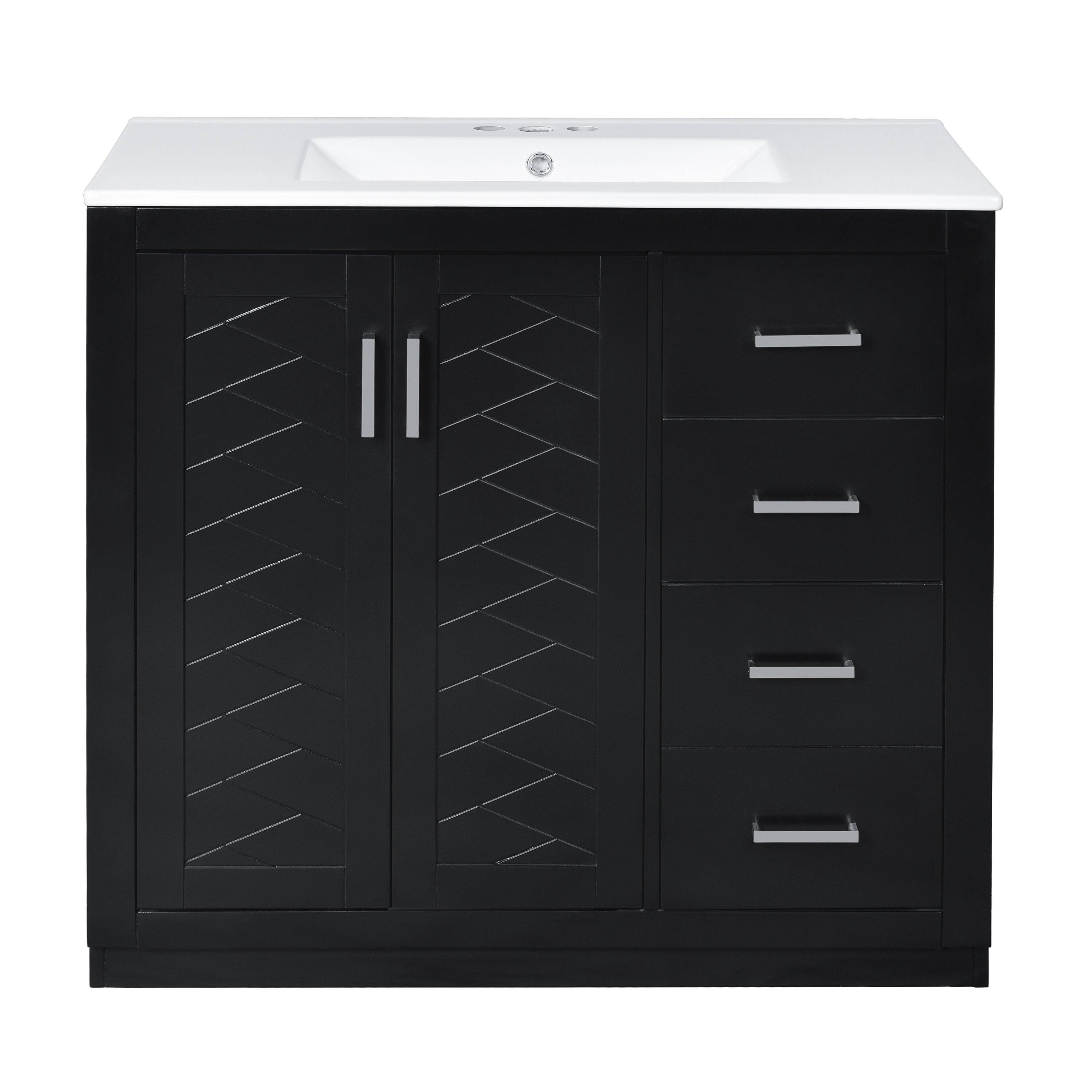 Front. Boyel Living - 36 Inch Bathroom Vanity with Ceramic Sink Solid Wood Frame Three Drawers Black - Black.
