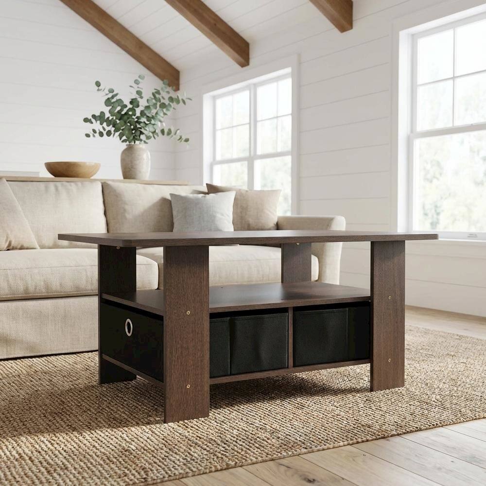 Angle. FurniFact - Coffee Table Dark Brown Black with Bin Drawer and Storage Compartment - Dark Brown/Black.