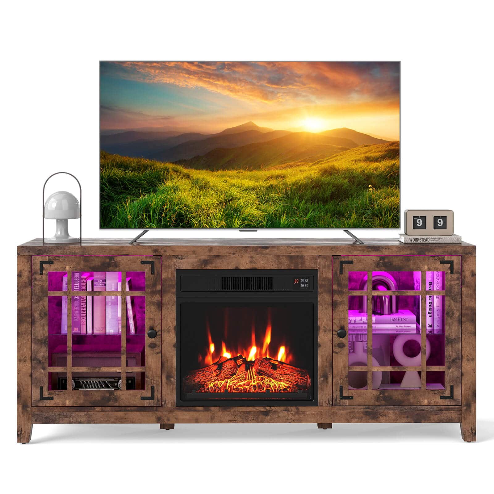 Costway - 58" Fireplace TV Stand with LED Lights & 18" Electric Fireplace, Remote Controls - Rustic Brown