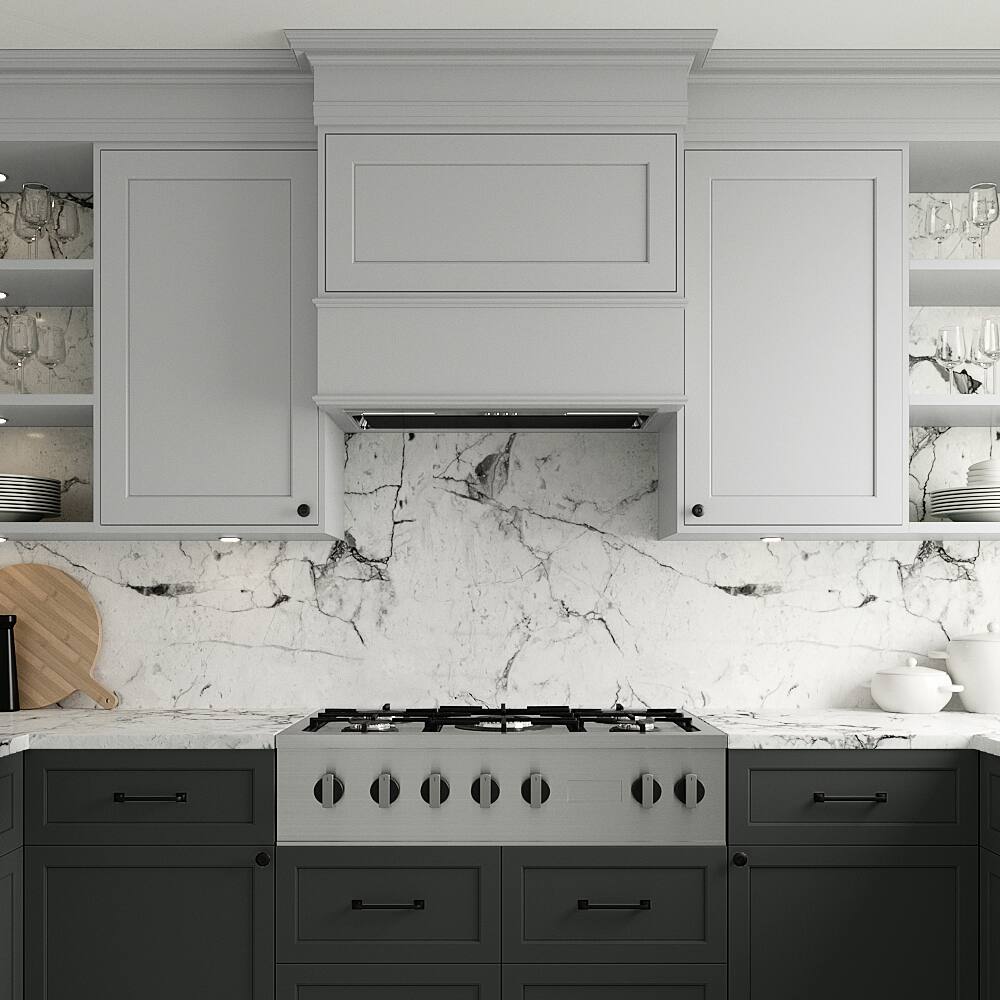 Left. Streamline - 28 in. Curino Ductless Insert 350 CFM Range Hood, Mesh Filters, Electronic Button Control, LED Lights - Glossy Black.