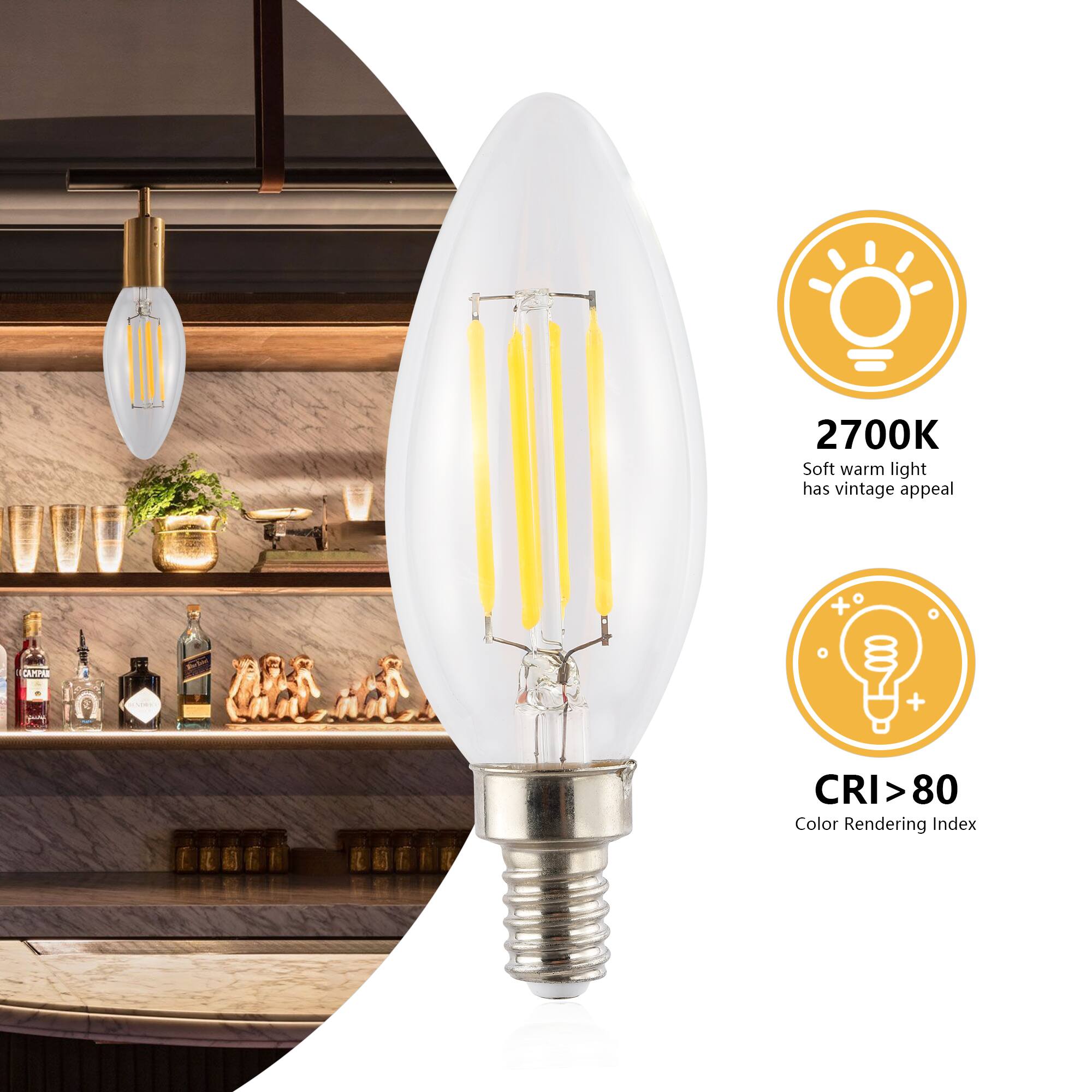 2700K Soft warm light has vintage appeal  
CRI > 80  
Color Rendering Index