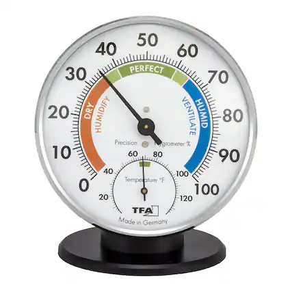 50 40 60 30 PERFECT 70 20 DRY HUMIDIFY VENTILATE HUMID 80 Precision Hygrometer % % 10 60 80 90 40 100 Temperature °F 0 100 20 120 TFA Made in Germany