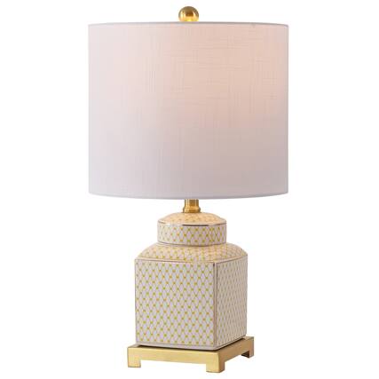 Front. Jonathan Y - Cleo Transitional 21.5" Yellow and White Square Ceramic Table Lamp with Glam Brass Gold Base for Living Room - White/Yellow.