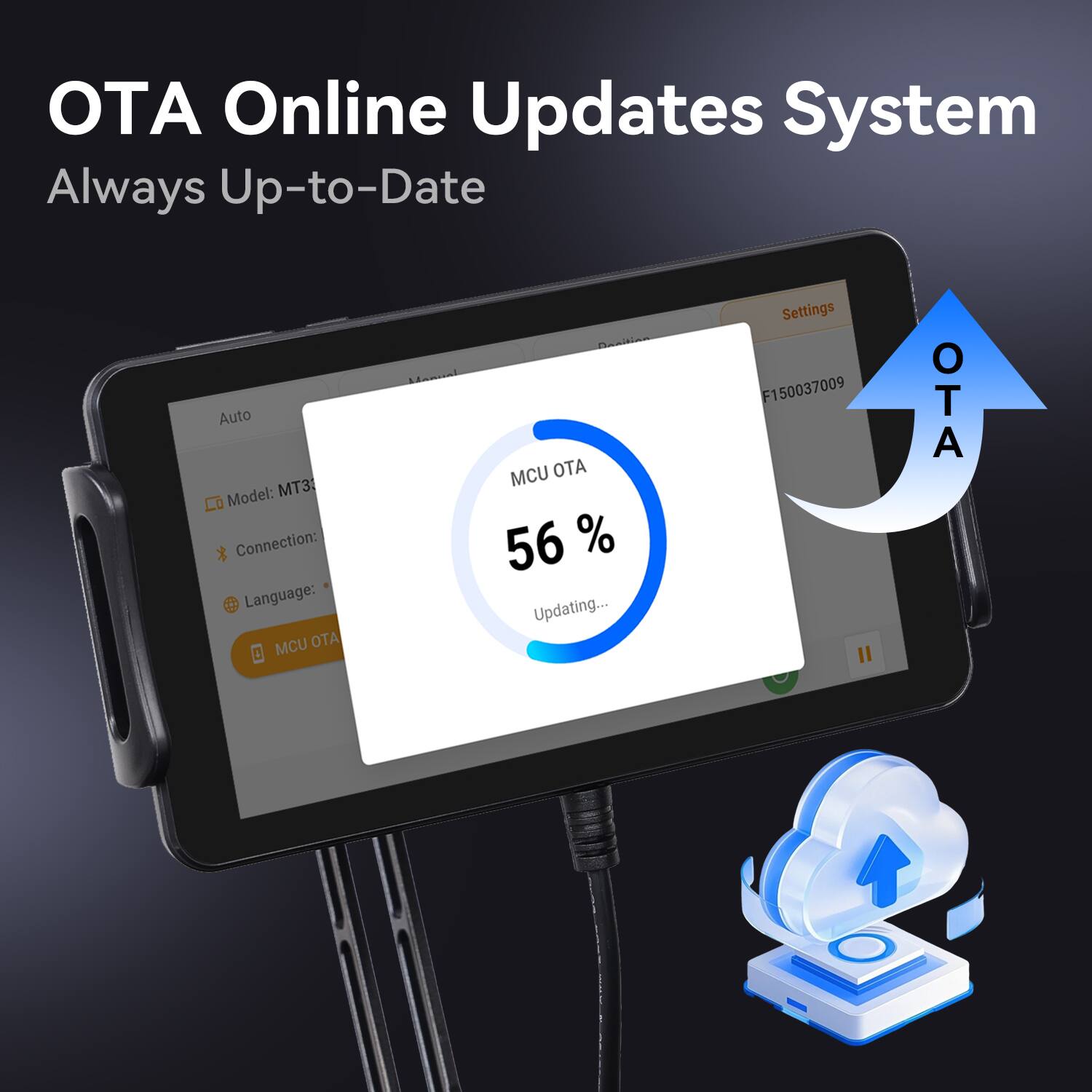 OTA Online Updates System  
Always Up-to-Date  

Auto Model: MT3  
Connection:  
Language:  
MCU OTA 56% Updating...  

Settings  
F150037009