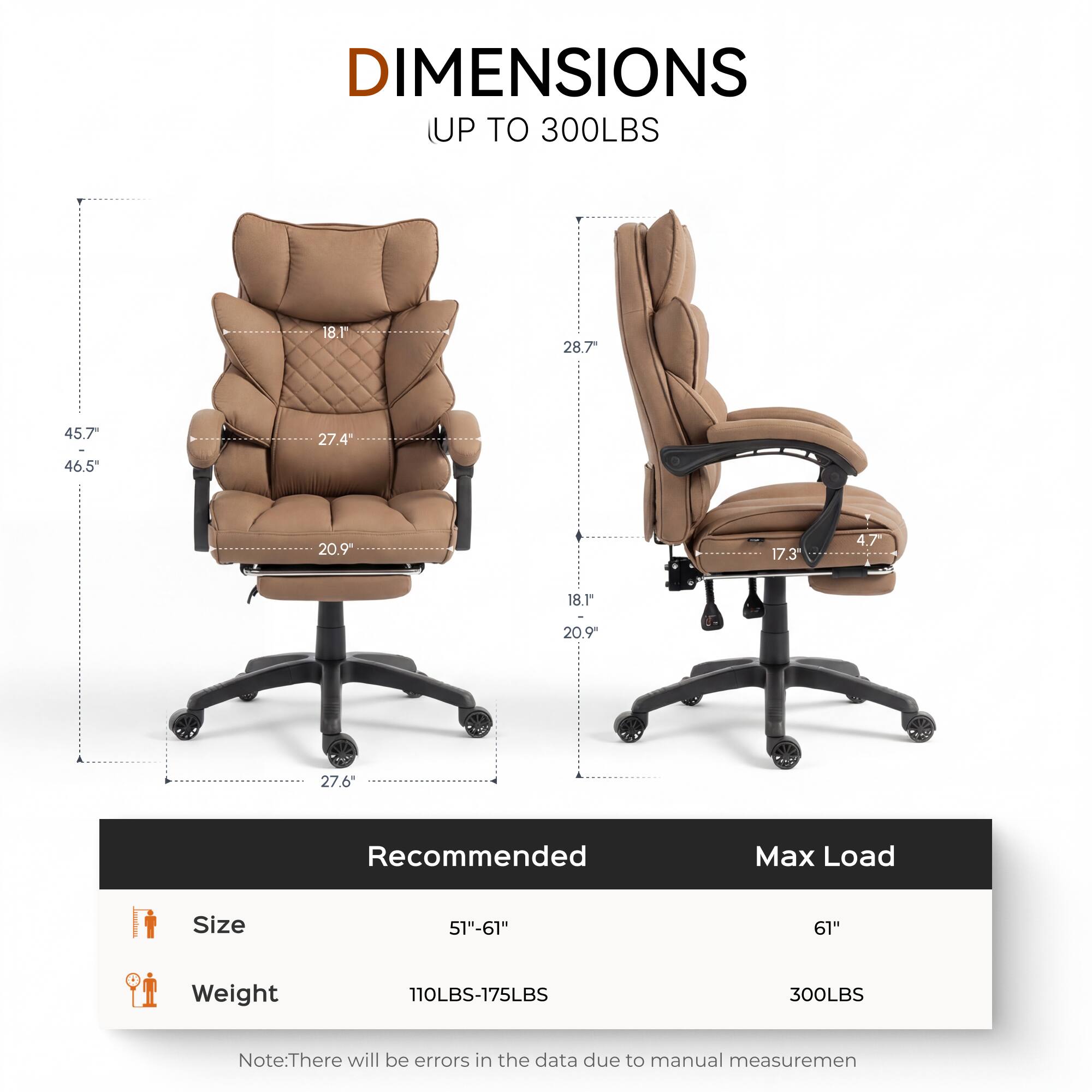 DIMENSIONS UP TO 300LBS

- 18.1"
- 28.7"
- 45.7"
- 46.5"
- 27.4"
- 20.9"
- 17.3"
- 4.7"
- 18.1"
- 20.9"
- 27.6"

Recommended Max Load Size
- 51"-61"
- 61"

Weight
- 110LBS-175LBS
- 300LBS

Note: There will be errors in the data due to manual measurement.