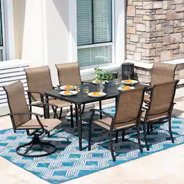 Nuu Garden - 7-Piece Patio Outdoor Textilene and Metal Dining Set with Umbrella Hole - Brown and Black