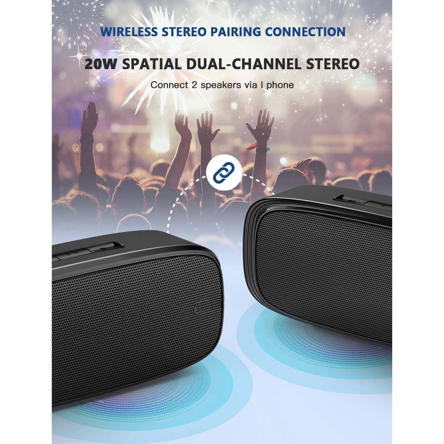 WIRELESS STEREO PAIRING CONNECTION

20W SPATIAL DUAL-CHANNEL STEREO

Connect 2 speakers via I phone