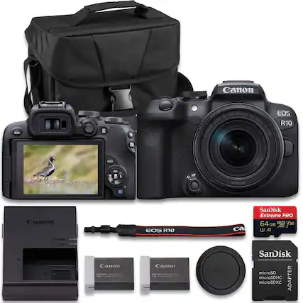 Canon ND On RE-$18-150mm EOS LENS F3.5-6.3 R10 IS CANON STM NFO no 1I 1 MF AF wwsS anon EOS R10 Ca SanDisk Extreme PRO 64 GB XC 1 U A1 CHARGE FMA Canon T.N PAGE LP 8 1g2 Canon BATTER PARKLP 2 Canon SanDisk microSD microSDHC ADAPTER microSDXC