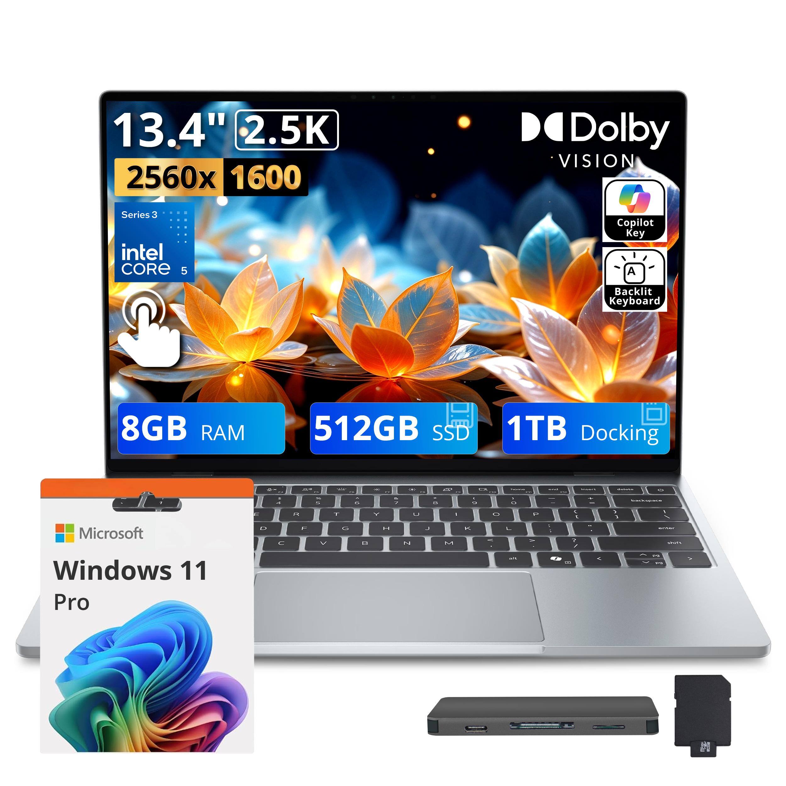 13.4" 2.5K 2560x1600  
Dolby VISION  
Series 3 intel CORE 5  
Copilot Key  
Backlit Keyboard  
8GB RAM  
512GB SSD  
1TB Docking  
Microsoft Windows 11 Pro