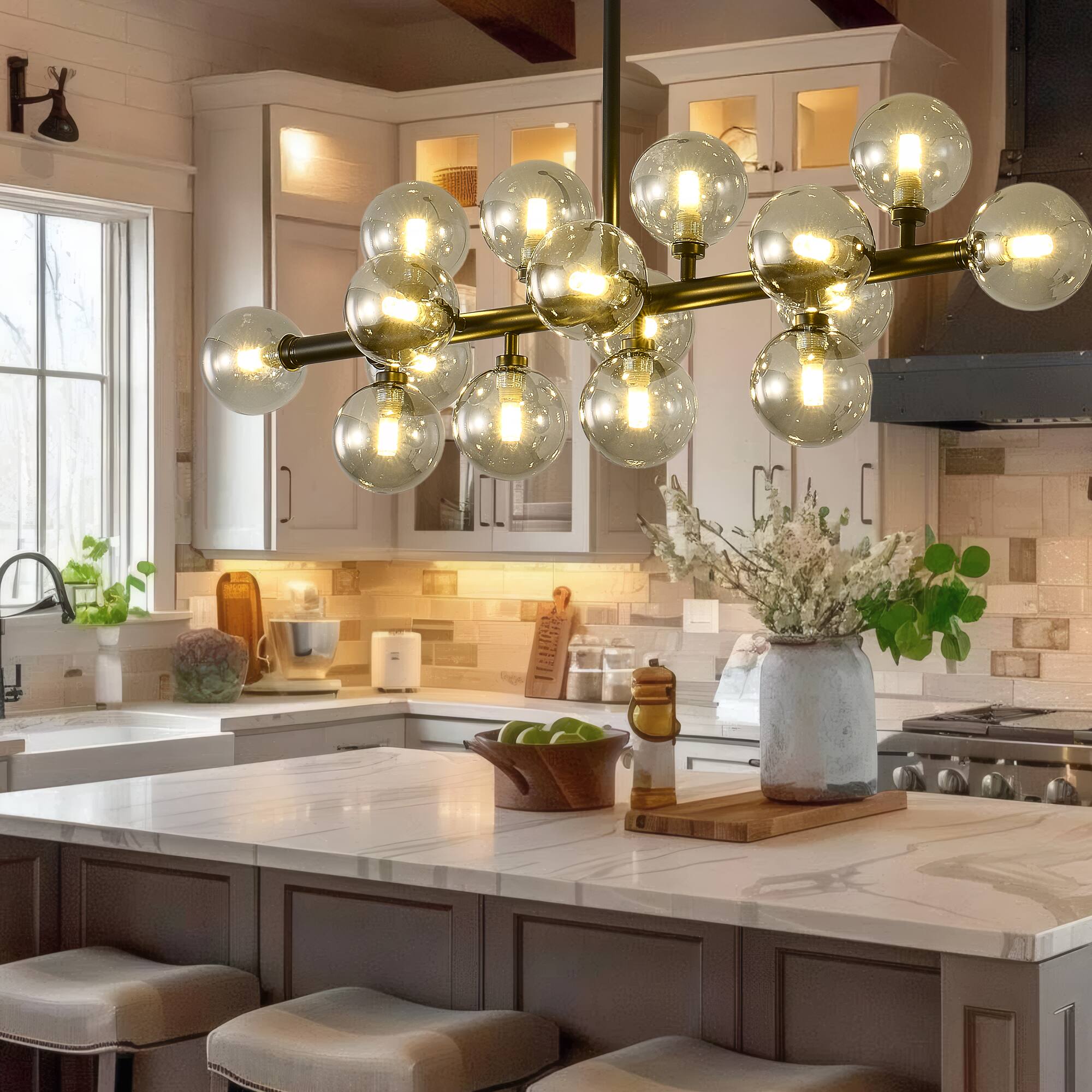 Left. RYHNUYNE - 16-Light Sputnik Chandelier 37.4 Inch Industrial Pendant Light with Gray Glass Globes Dimmable.