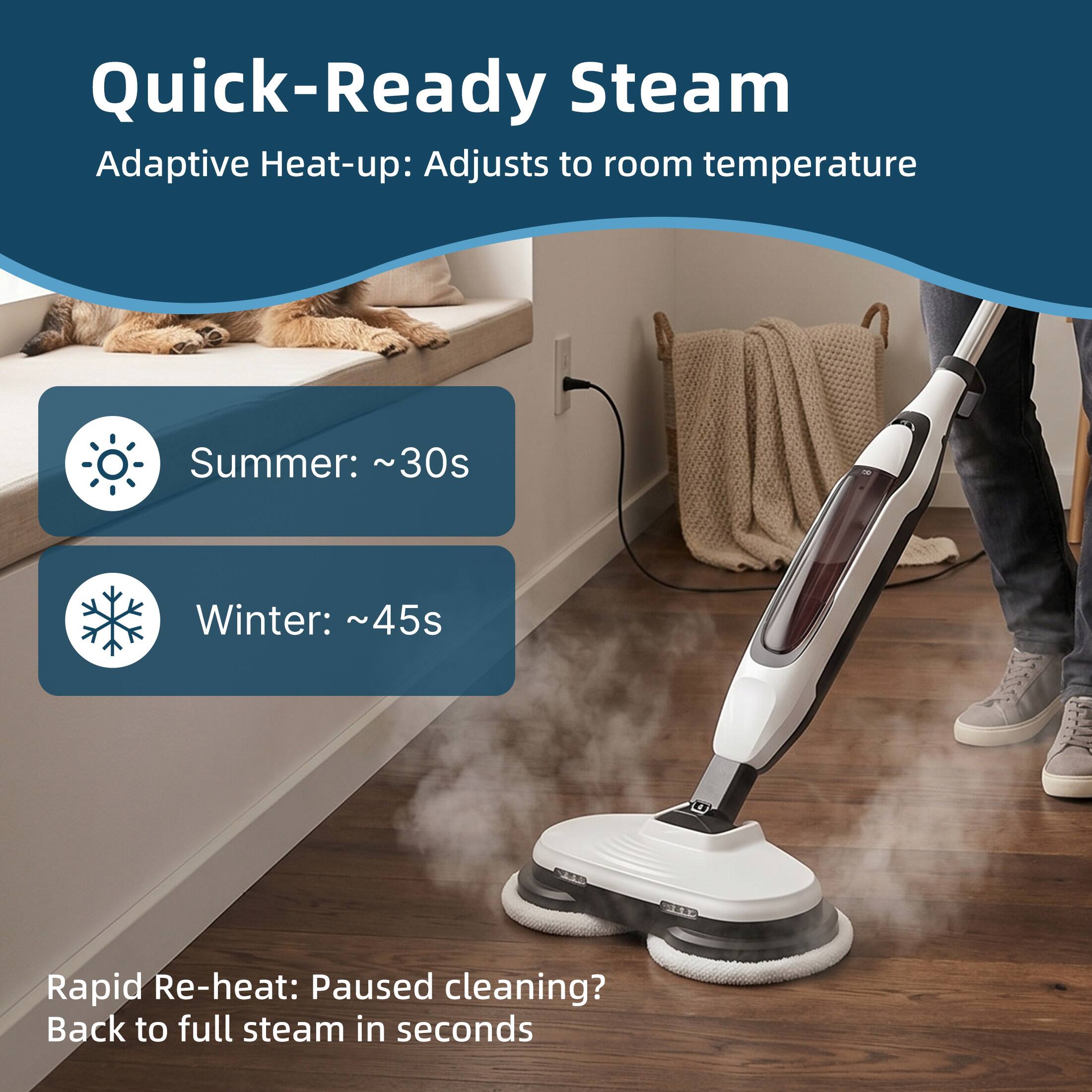 Quick-Ready Steam  
Adaptive Heat-up: Adjusts to room temperature  
Summer: ~30s  
Winter: ~45s  

Rapid Re-heat: Paused cleaning? Back to full steam in seconds