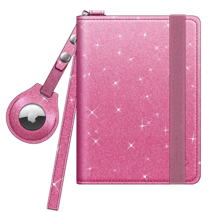 Front. Kitcheniva - Travel Passport Holder With RFID Protection Slim Card Wallet & AirTag Slot Glitter Pink - Glitter Pink.