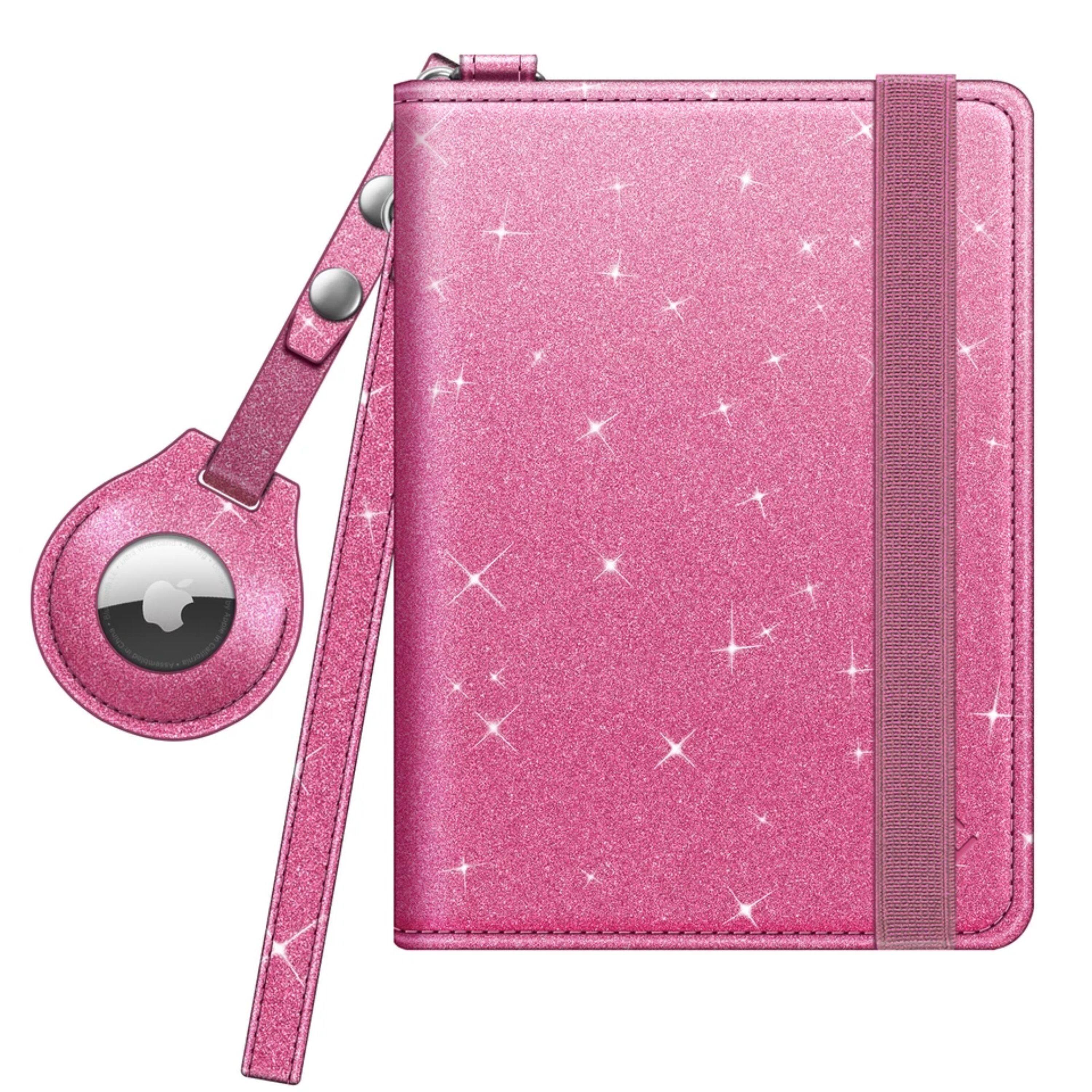 Front. Kitcheniva - Travel Passport Holder With RFID Protection Slim Card Wallet & AirTag Slot Glitter Pink - Glitter Pink.