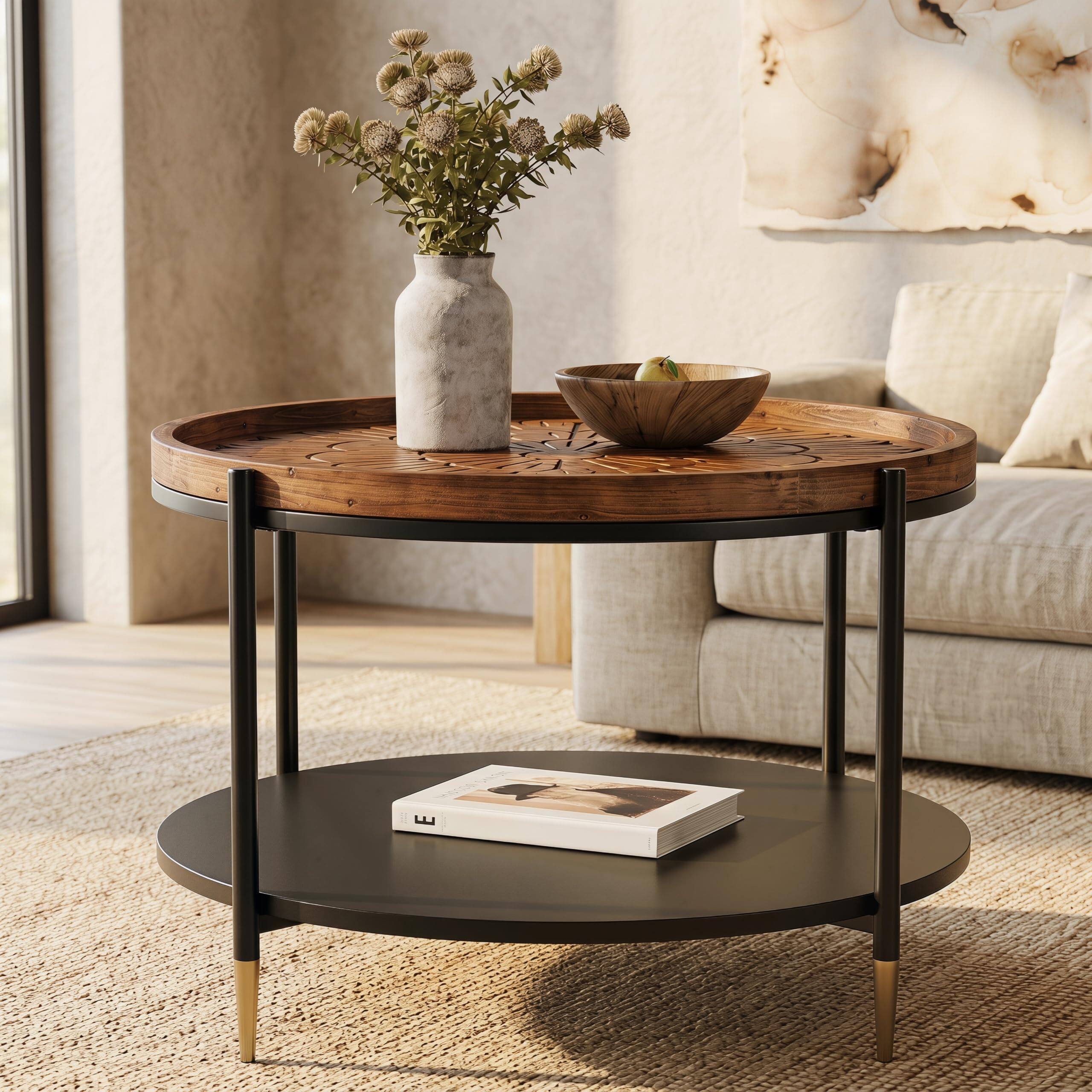 Left. Tribesigns - 31.5" Solid Wood Round Coffee Table, Boho Circle Coffee Table with Floral Carved Tabletop & Metal Shelf, Living Room Tab - Rustic Brown.