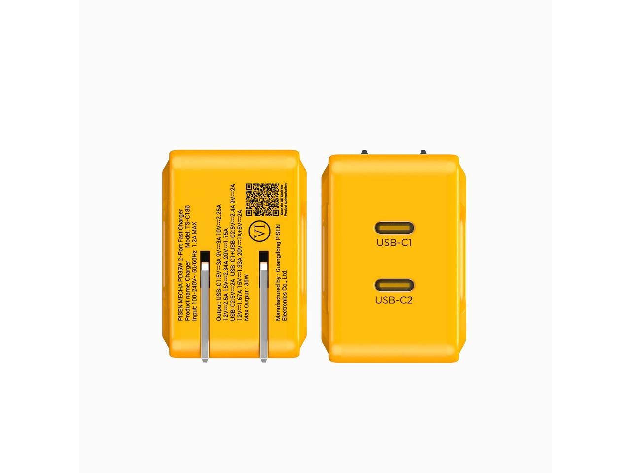 Charger TS-C186 MAX Fast Model: 1.2A 2-Port 50/60Hz PD35W Charger 240V~  
MECHA name: 100 PISEN ME  
Input:  
9V=2A  
10V=2.25A  
OV=1A+CVAZA VI 75A  
9V=3A  
20V=1 USB-C1+USB-C2:5V=2.4A .33A  
USB-C1:5V=3A 15V=2.34A 191:11 35W  
Output:  
12V=2.5A USB-C2:5V=2A 2V==1.67A15V: 12V=1.  
Output Max  
by Code OK AUTO next Product PISEN Guangdong Ltd. by Co., Manufactured Electronics  
USB-C1 USB-C2