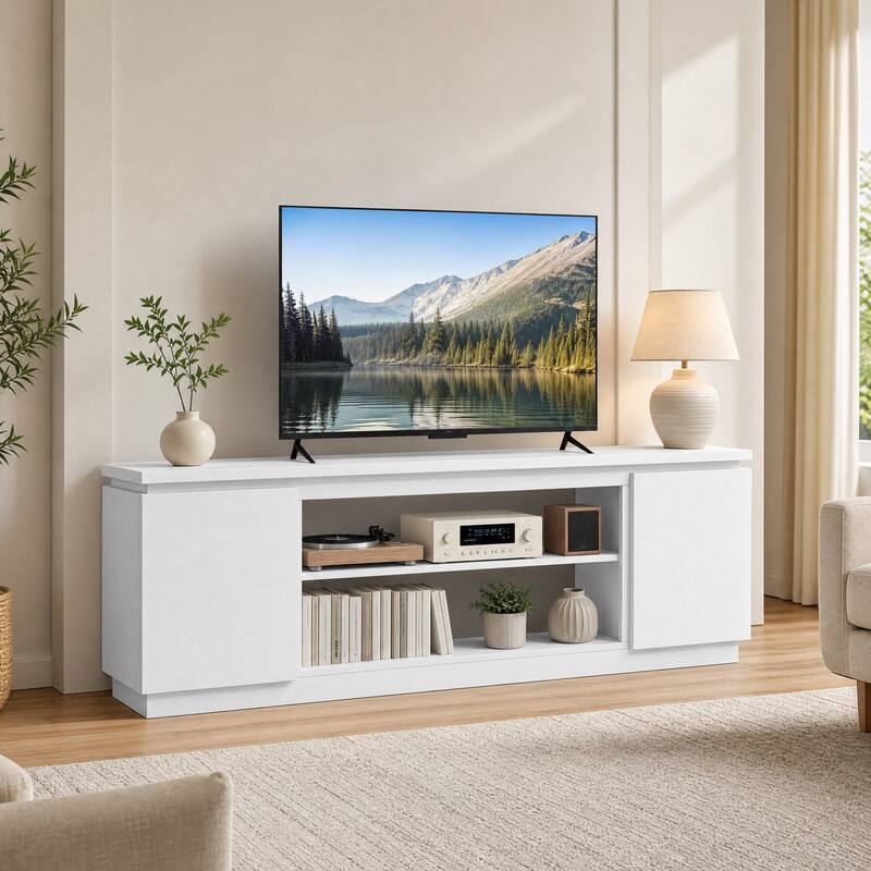 Angle. WELLFOR - TV Stand for TVs up to 80", Modern Entertainment Center with Adjustable Shelves and Anti-Tipping Kits, TV Cabinet - White.