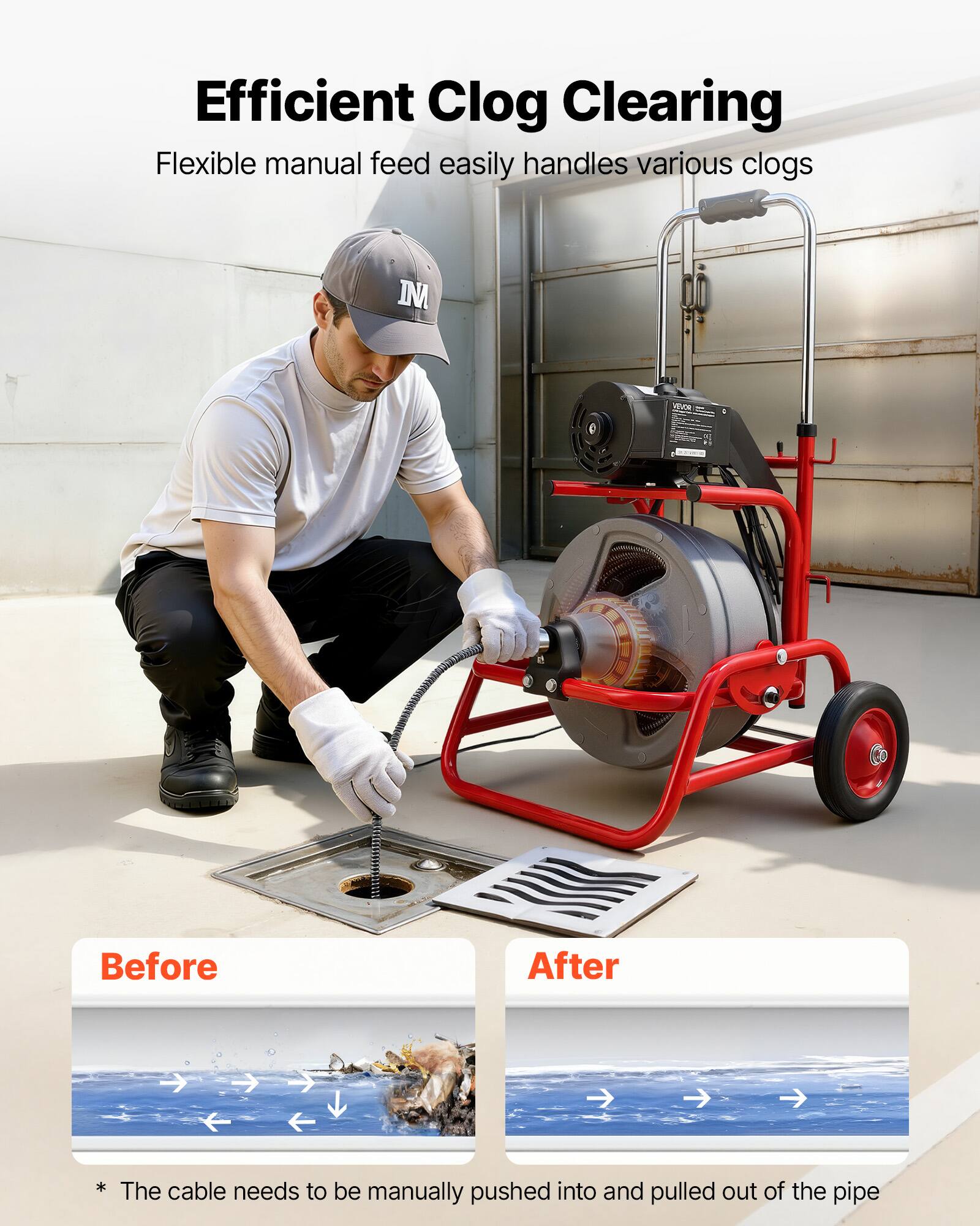 Efficient Clog Clearing  
Flexible manual feed easily handles various clogs  

Before After  

* The cable needs to be manually pushed into and pulled out of the pipe