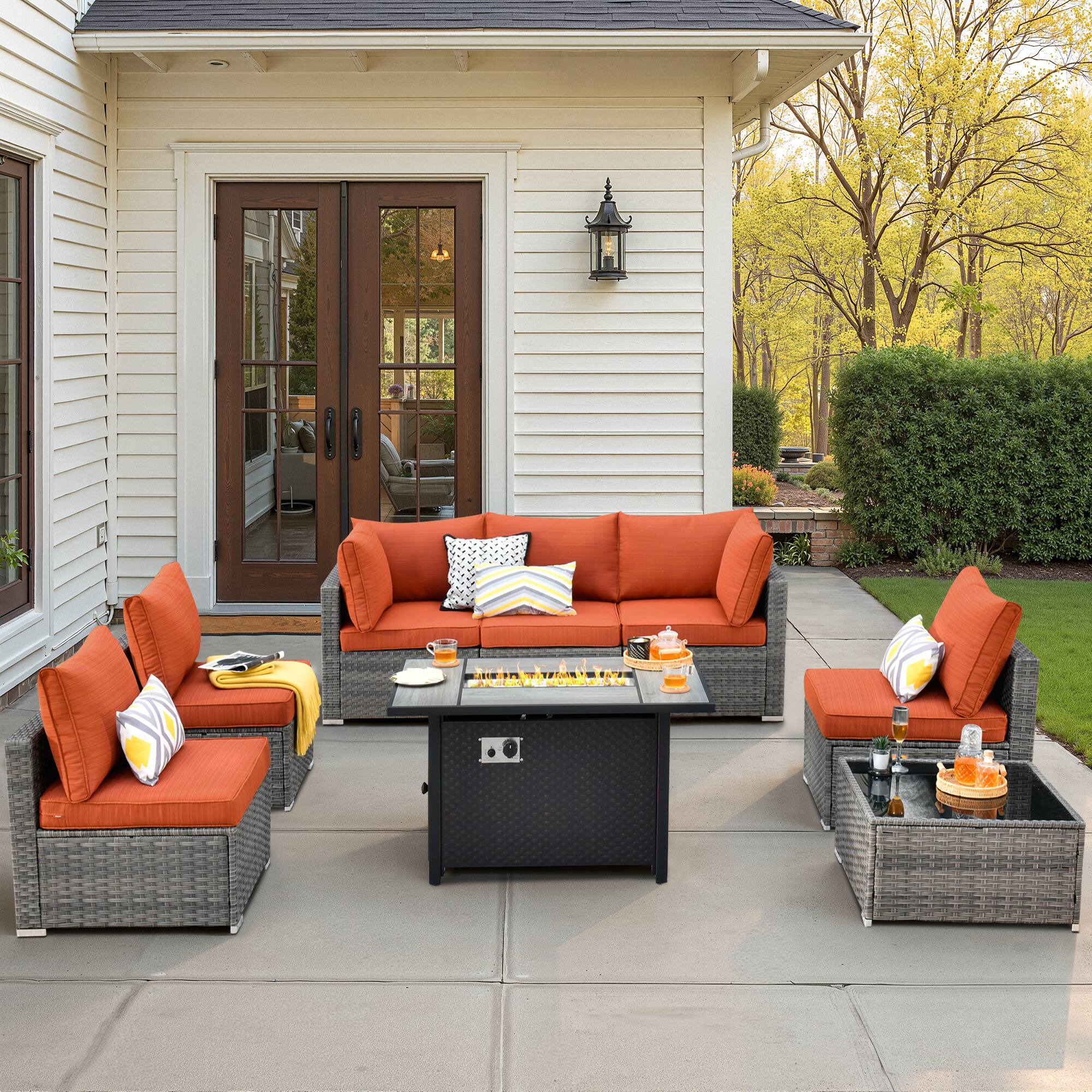Front. Ovios - 8 PCS Patio Furniture Set with 42" Fire Pit Table, Sectional Wicker Sofa with Coffee Table - Orange Red.