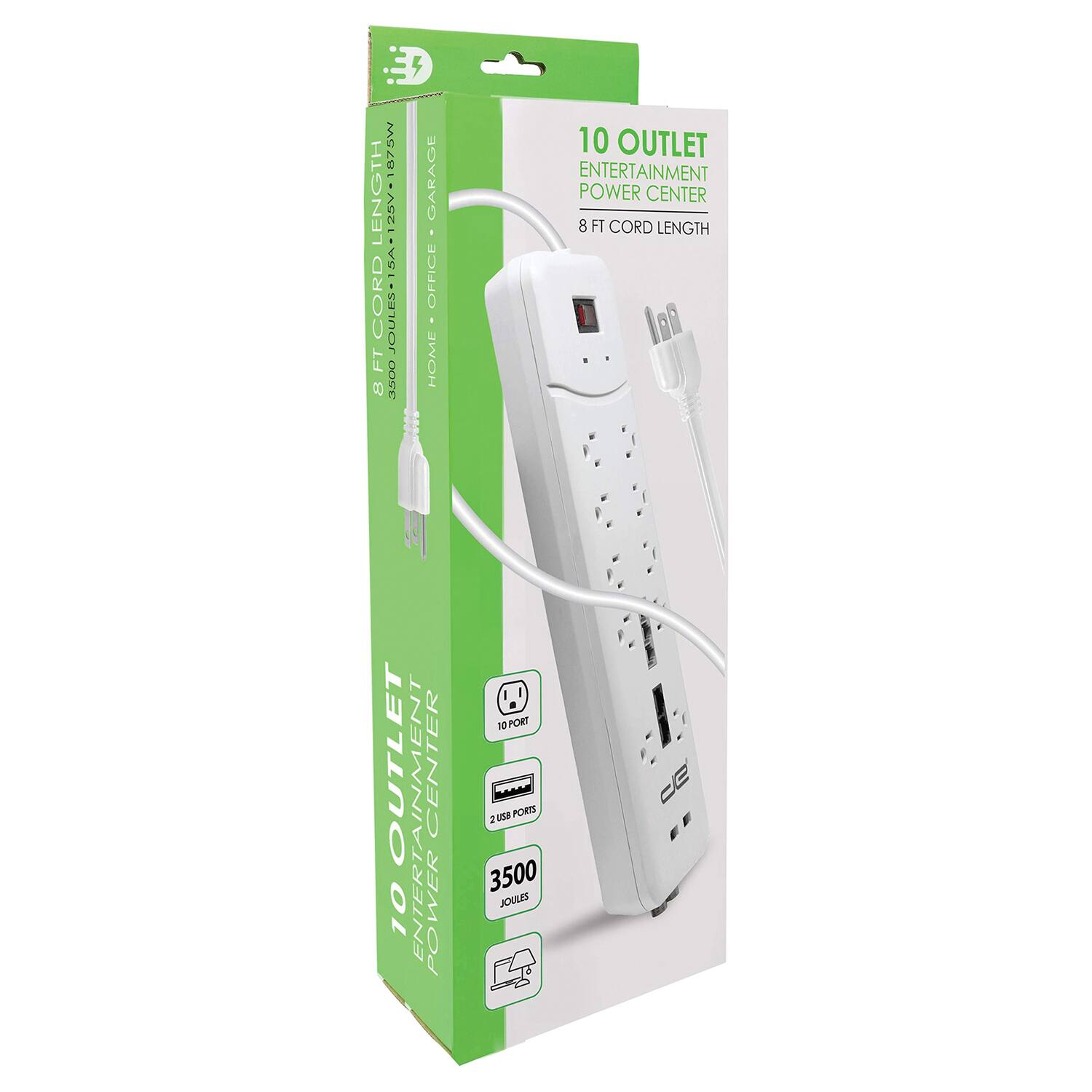 10 Outlet Entertainment Power Center  
8 FT Cord Length  
3500 Joules  
10 Ports  
2 USB Ports  
Home, Office, Garage
