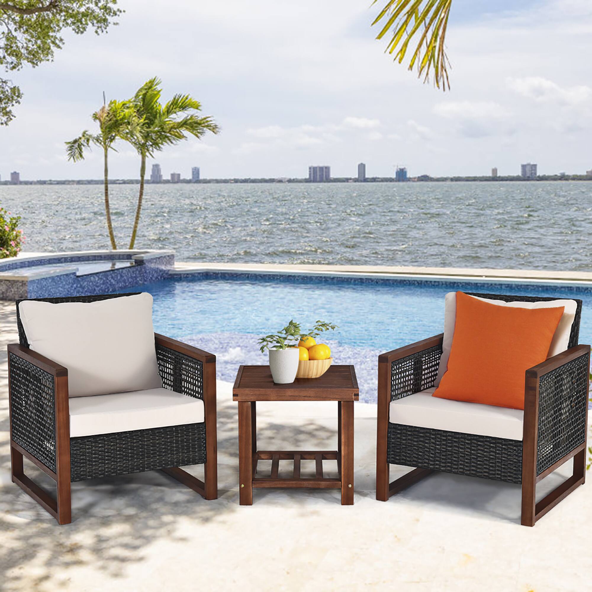 Alt View 1. Costway - Costway 3PCS Patio Wicker Furniture Set Solid Wood Frame Cushion Sofa w/ Square Table Shelf - Multicolor.