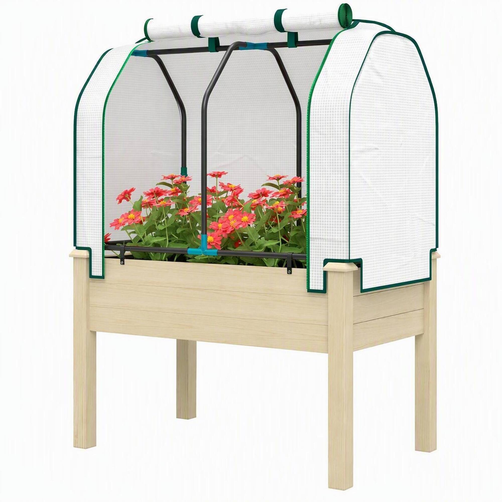 Front. RYHNUYNE - Compact Outdoor Raised Garden Bed with Fir Wood and Steel Frame, Breathable Fabric Planter Box with Roll-Up PE - Natural Wood.