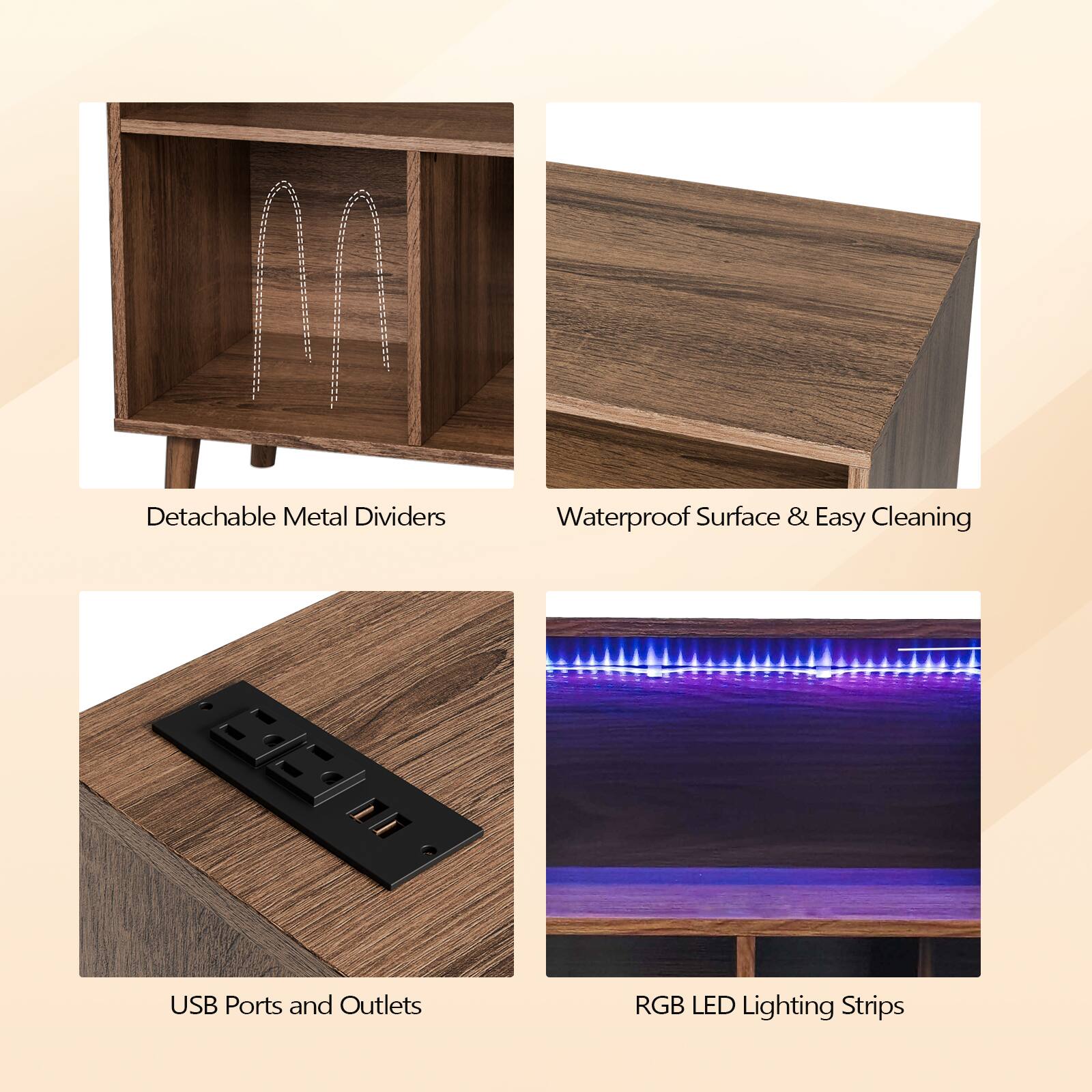 - Detachable Metal Dividers
- Waterproof Surface & Easy Cleaning
- USB Ports and Outlets
- RGB LED Lighting Strips