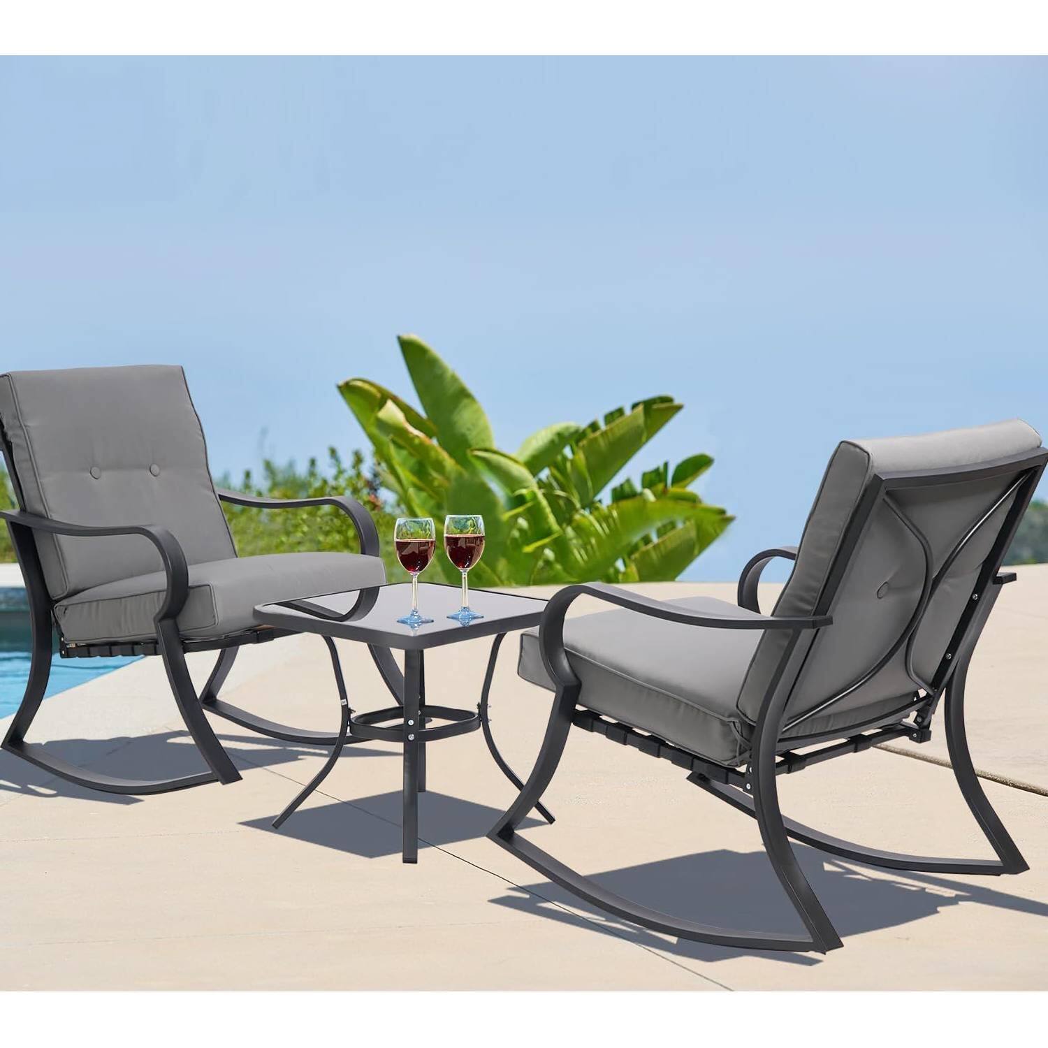 Angle. Hivvago - Outdoor 3-Piece Patio Furniture Table Rocking Chairs Set with Grey Cushions - Gray.