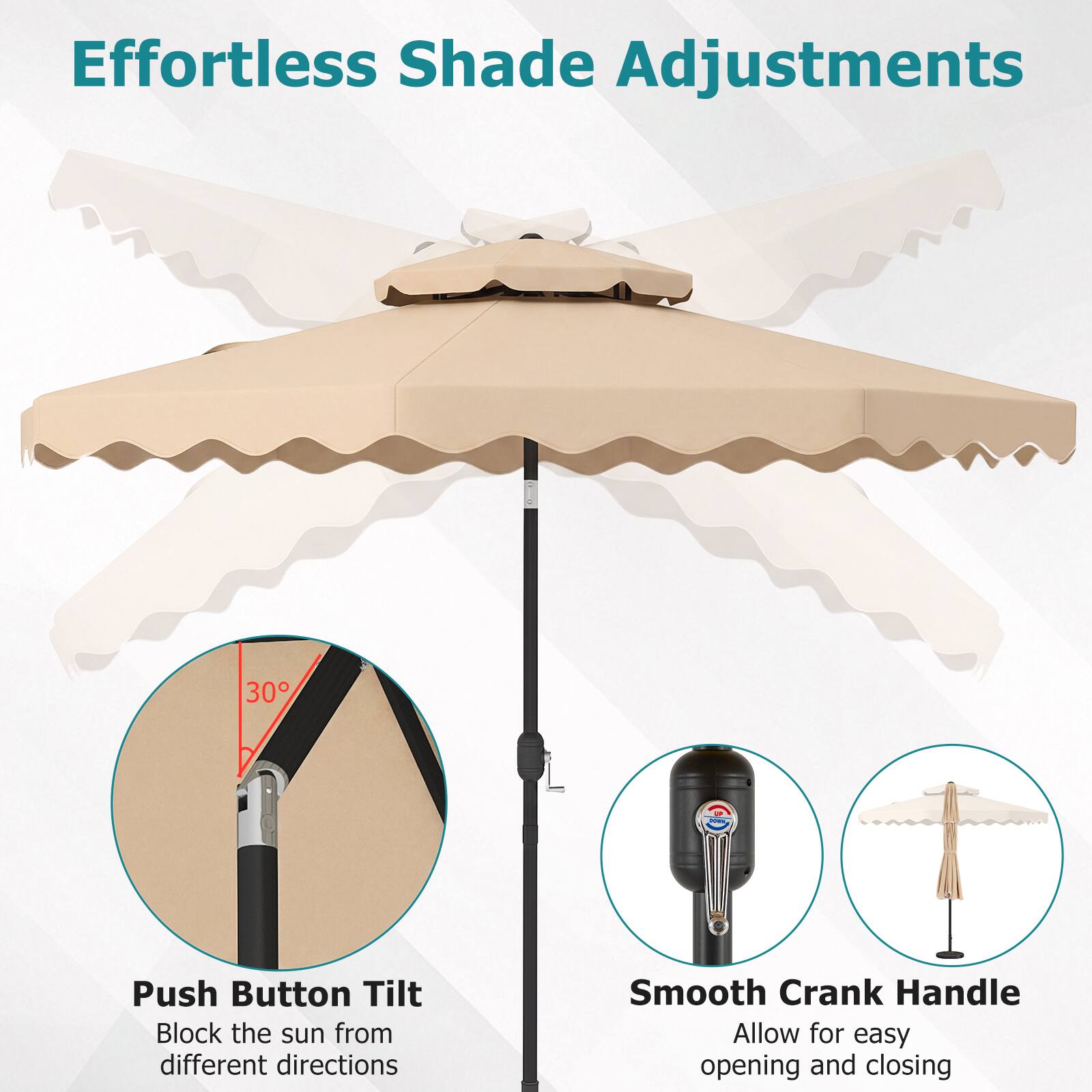 Effortless Shade Adjustments

- Push Button Tilt: Block the sun from different directions
- Smooth Crank Handle: Allow for easy opening and closing