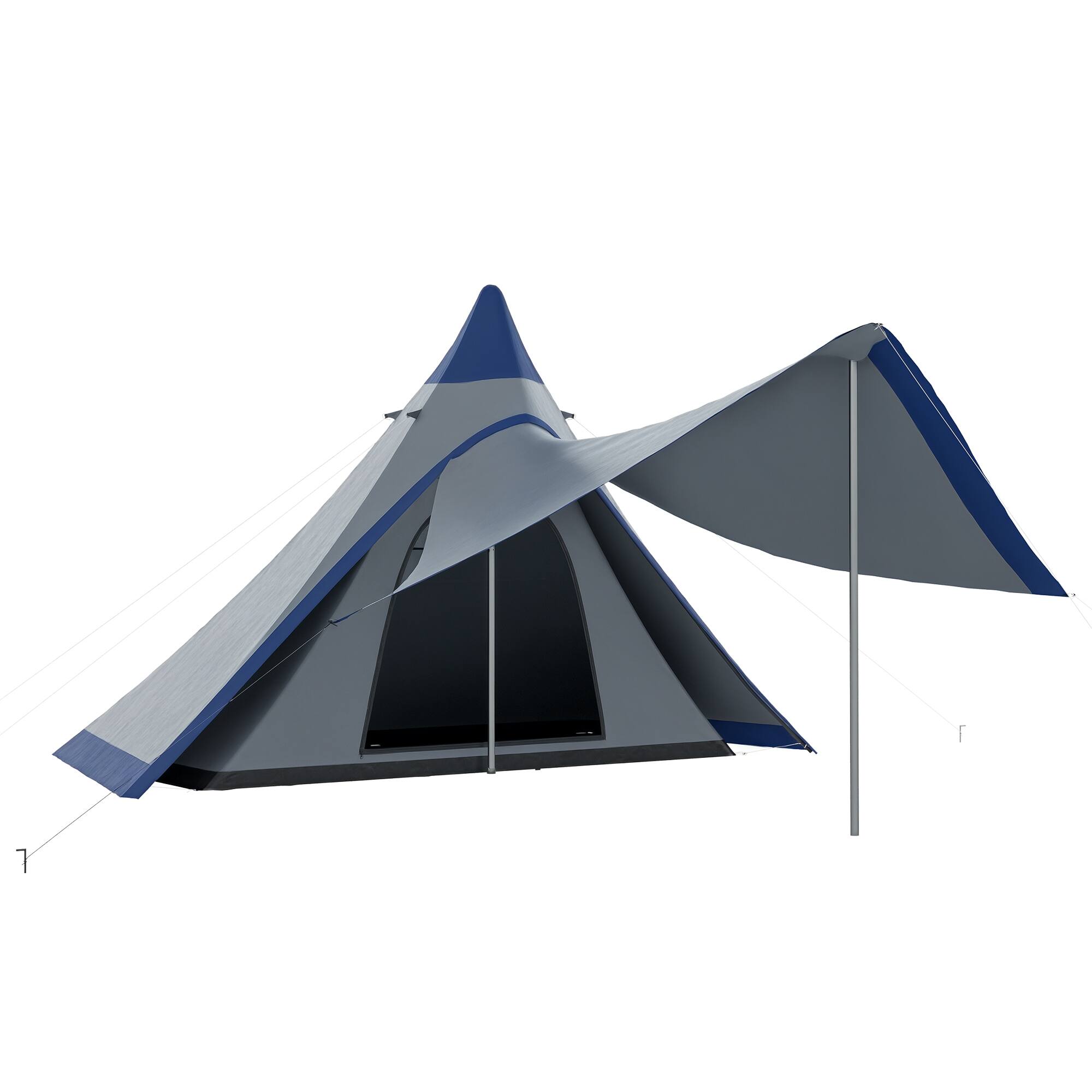 Front. Outsunny - 15.4'x15.4'x8.5' Teepee Tent, Waterproof Camping Tent with Porch Area, Floor and Carry Bag - Blue.