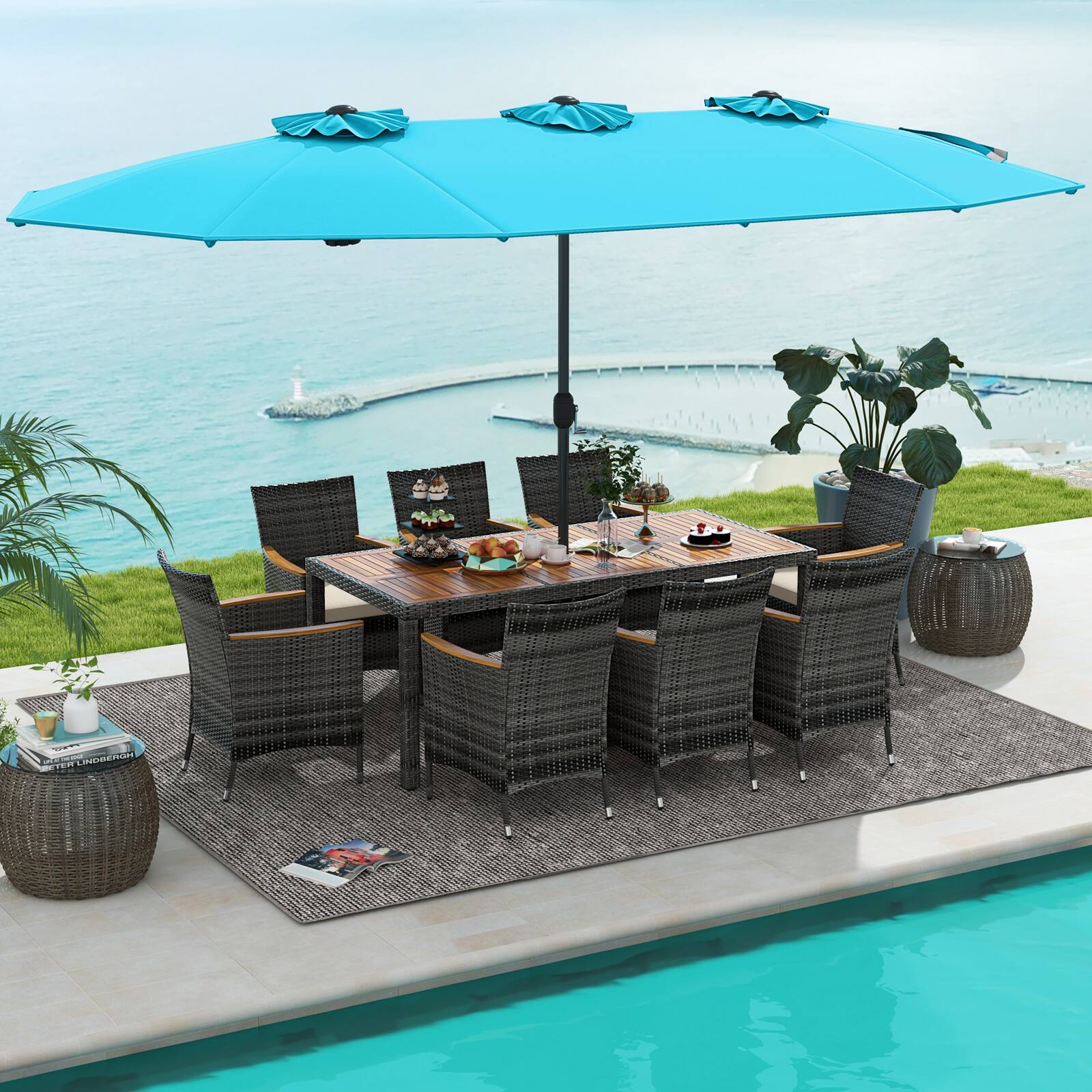 Alt View 1. Costway - 10 Pieces Patio Wicker Dining Set with Double-Sided Patio Umbrella 8 Armchairs - Turquoise,,Mix Brown.