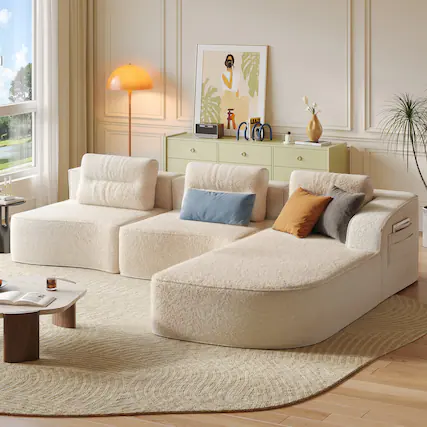 Front. Pinmoco - PINMOCO Modular Sectional Sofa, Sleeper Sofa Bed with 3 Pillows, Boneless Couch with Side Pockets - Right Chaise Off White.