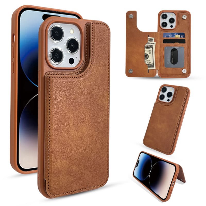 Gravity Ridge - for iPhone 16 Wallet Case with Card Holder, PU Leather Kickstand Card Slots Drop Protective Shockproof Phone Cover - Brown