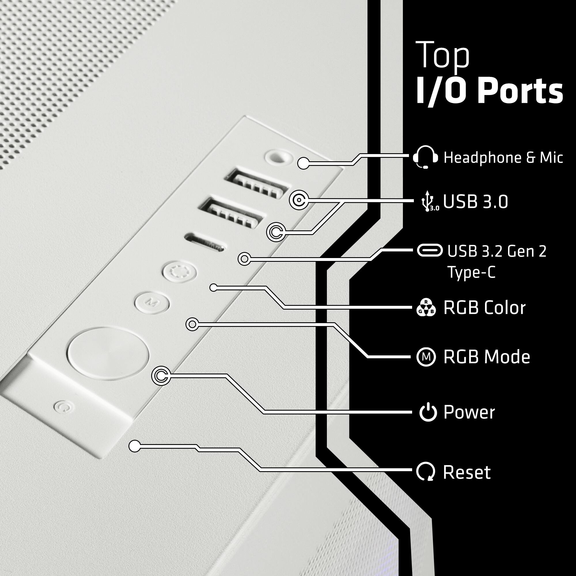 Top I/O Ports  
- Headphone & Mic  
- USB 3.0  
- USB 3.2 Gen 2 Type-C  
- RGB Color  
- RGB Mode  
- Power  
- Reset