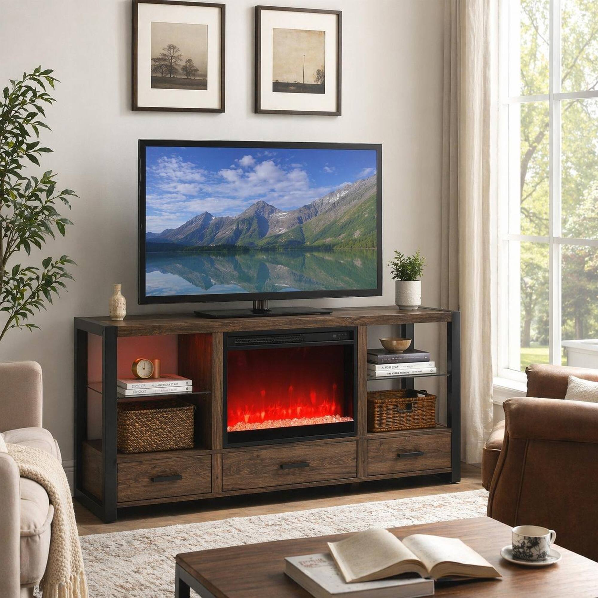 Angle. RYHNUYNE - 23 Inch Electric Fireplace Insert – Ultra Thin Heater with Crystal & Realistic Flame, Remote Control & Timer - Antique Black.