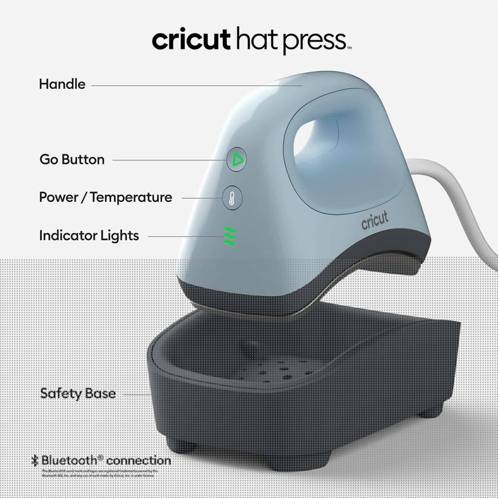 cricut hat press.

Handle
Go Button
Power / Temperature
Indicator Lights
Safety Base
Bluetooth® connection