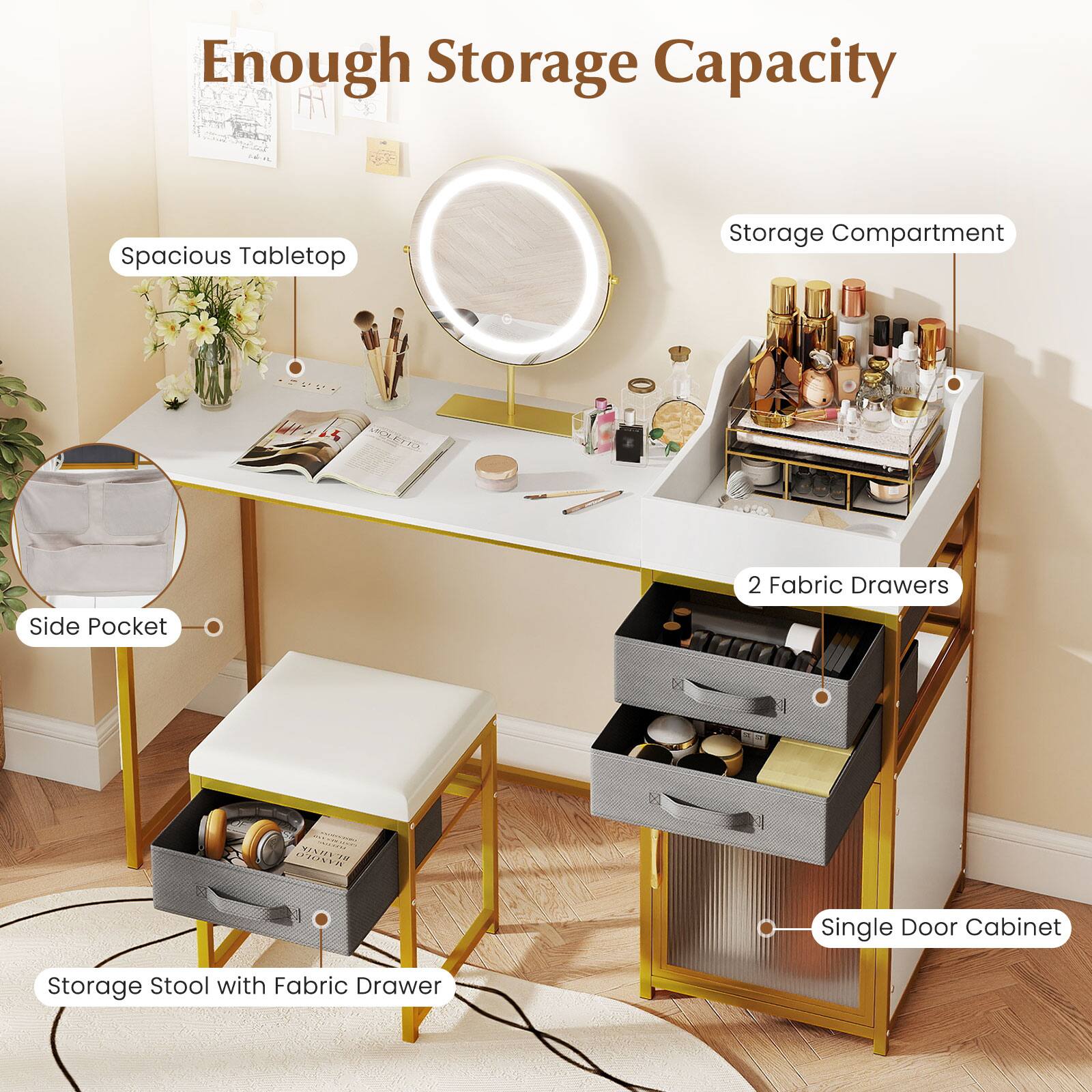 Enough Storage Capacity  
Spacious Tabletop  
Storage Compartment  
2 Fabric Drawers  
Side Pocket  
Storage Stool with Fabric Drawer  
Single Door Cabinet