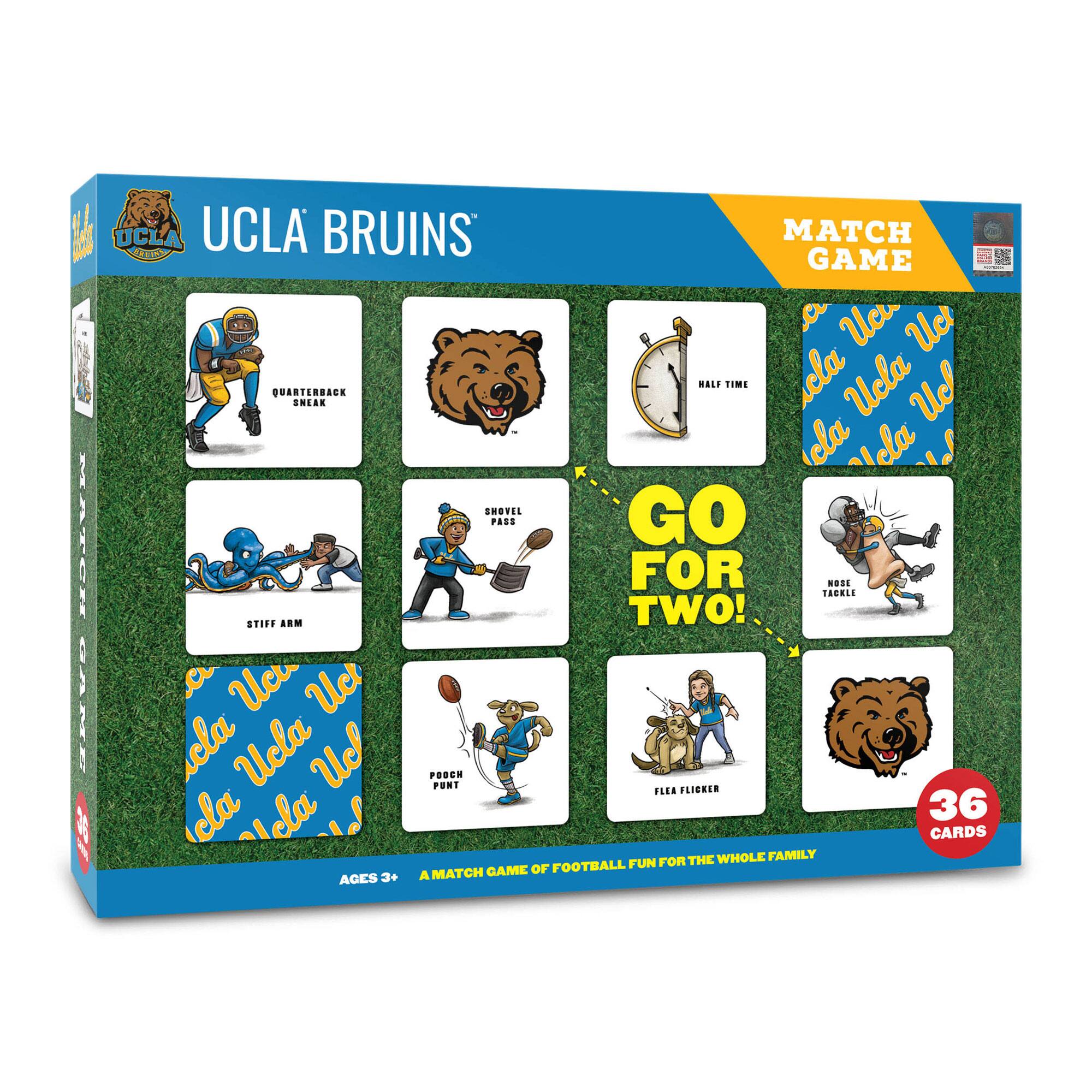 UCLA Bruins Match Game

- Quarterback Sneak
- Stiff Arm
- Shovel Pass
- Half Time
- Go For Two!
- Poch Fount
- Flea Flicker
- Nose Tackle

36 Cards

Ages 3+ A Match Game of Football Fun for the Whole Family