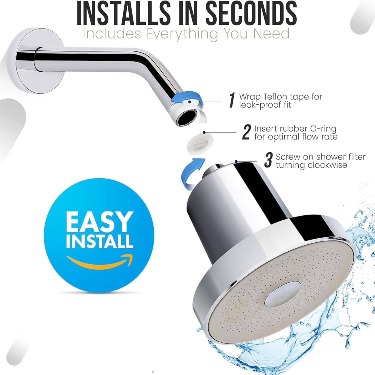 INSTALLS IN SECONDS Includes Everything You Need. 1 Wrap Teflon tape for leak-proof fit. 2 Insert rubber O-ring for optimal flow rate. 3 Screw on shower filter turning clockwise. EASY INSTALL.