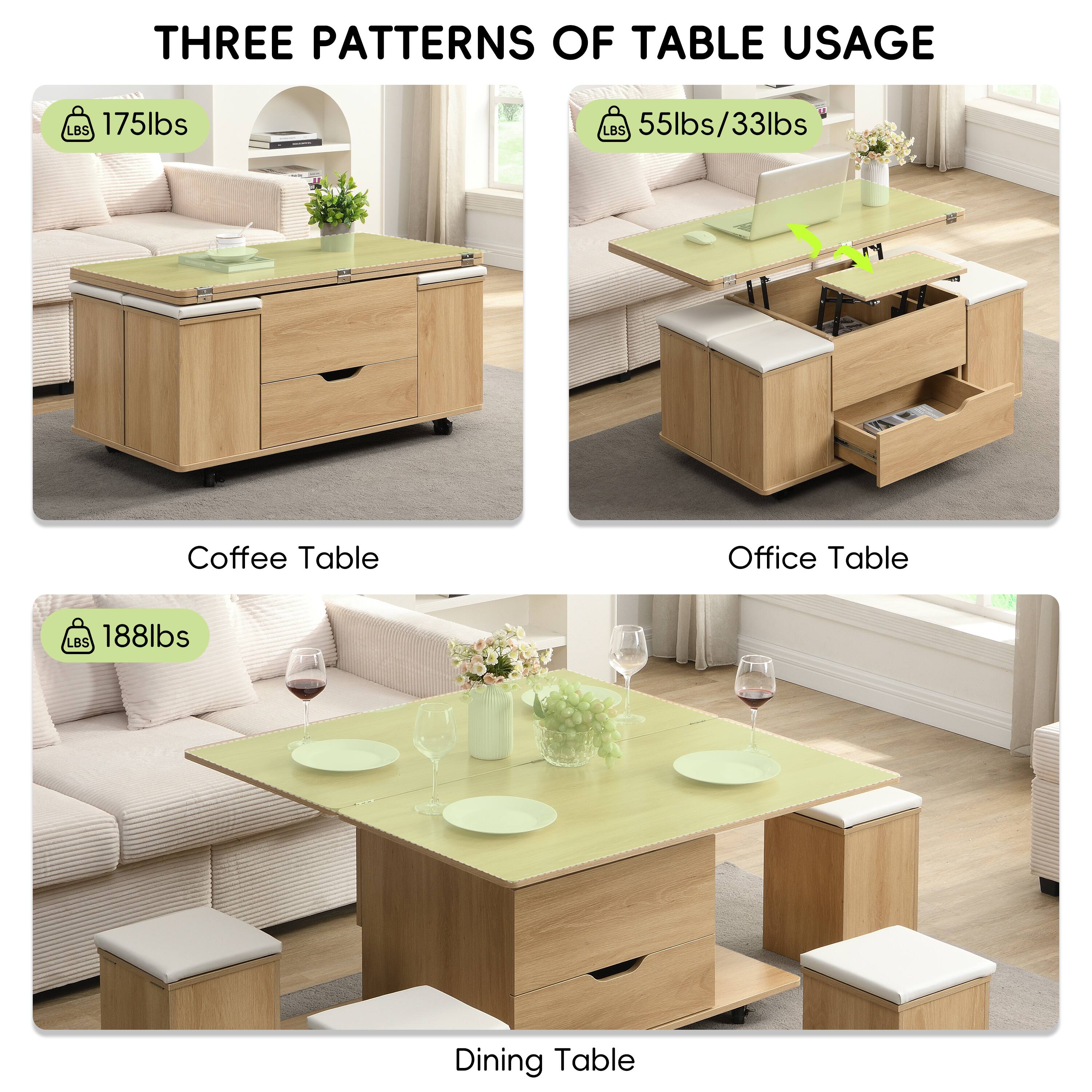 THREE PATTERNS OF TABLE USAGE

Coffee Table
175lbs

Office Table
55lbs/33lbs

Dining Table
188lbs