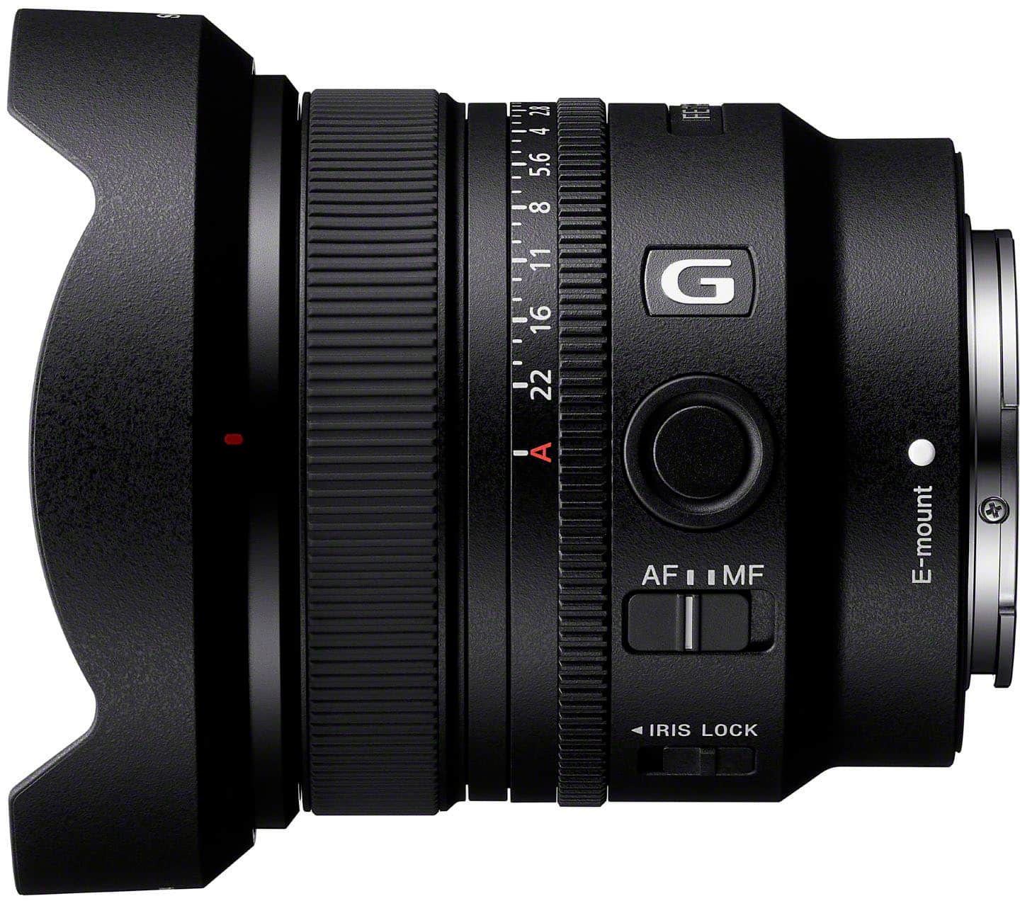 The text on the image reads: 21 4 5.6 : 8 11 16 G - 22 A AF AF.IM I I MF E-mount X IRIS LOCK.