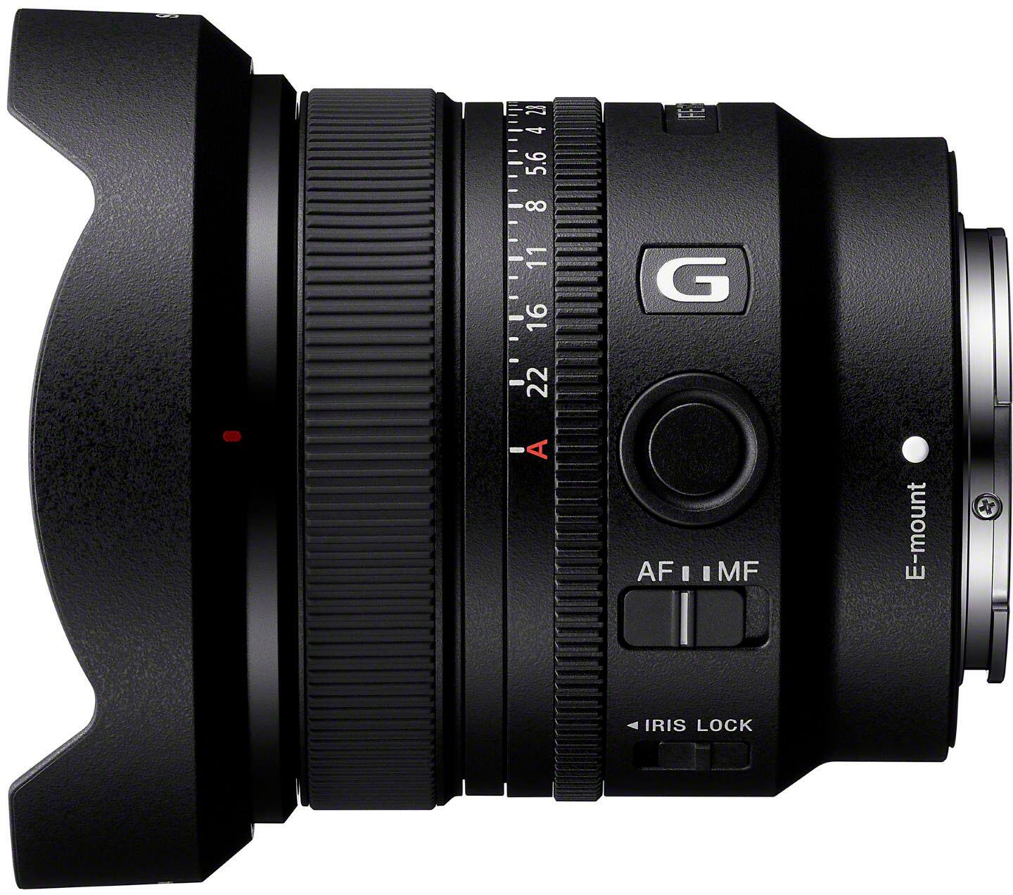 The text on the image reads: 21 4 5.6 : 8 11 16 G - 22 A AF AF.IM I I MF E-mount X IRIS LOCK.
