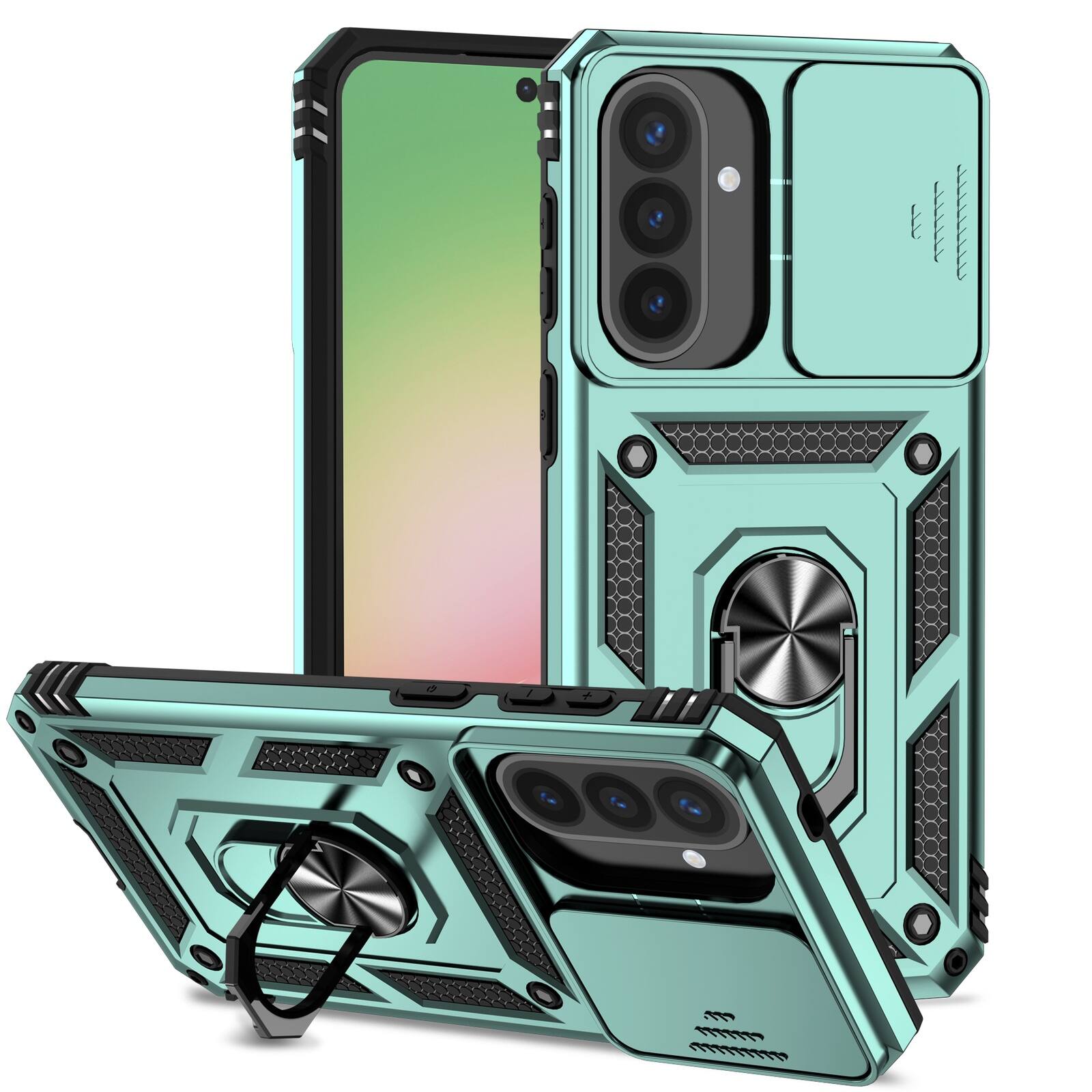 Left. UUCOVER - Rugged Protective Case for Samsung Galaxy A17 5G ,Shockproof TPU+PC Case Slide Camera Cover Ring Holder Stand Cover - Darkgreen.