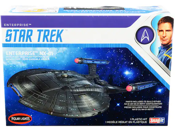 Sure, here is the corrected and grouped text from the image:
---
**ENTERPRISE™**
**STAR TREK™**
**ENTERPRISE™ NX-01**
1:1000 scale • SNAP-TOGETHER MODEL KIT
échelle 1:1000 • SNAP-ENSEMBLE MODÈLE
**POLAR LIGHTS**
**PARTS INCLUDED TO BUILD EITHER NX-01 OR NX-01 REFIT CONFIGURATION!**
**PIÈCES INCLUSES POUR CONSTRUIRE NX-01 OU NX-01 REFIT!**
**1 PLASTIC-KIT**
**1 MODÈLE RÉDUIT EN PLASTIQUE**
**Snap it**
---
This text is organized to reflect the information on the packaging accurately.