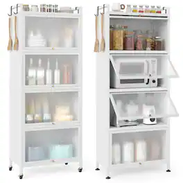 Costway - 5-Tier Kitchen Baker's Rack Storage Cabinet Mobile Microwave Stand Flip-up Doors - White