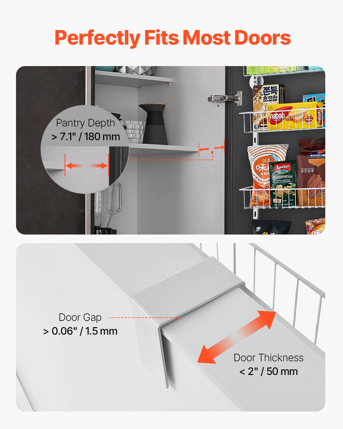 Perfectly Fits Most Doors

Pantry Depth > 7.1" / 180 mm

Door Gap > 0.06" / 1.5 mm

Door Thickness < 2" / 50 mm