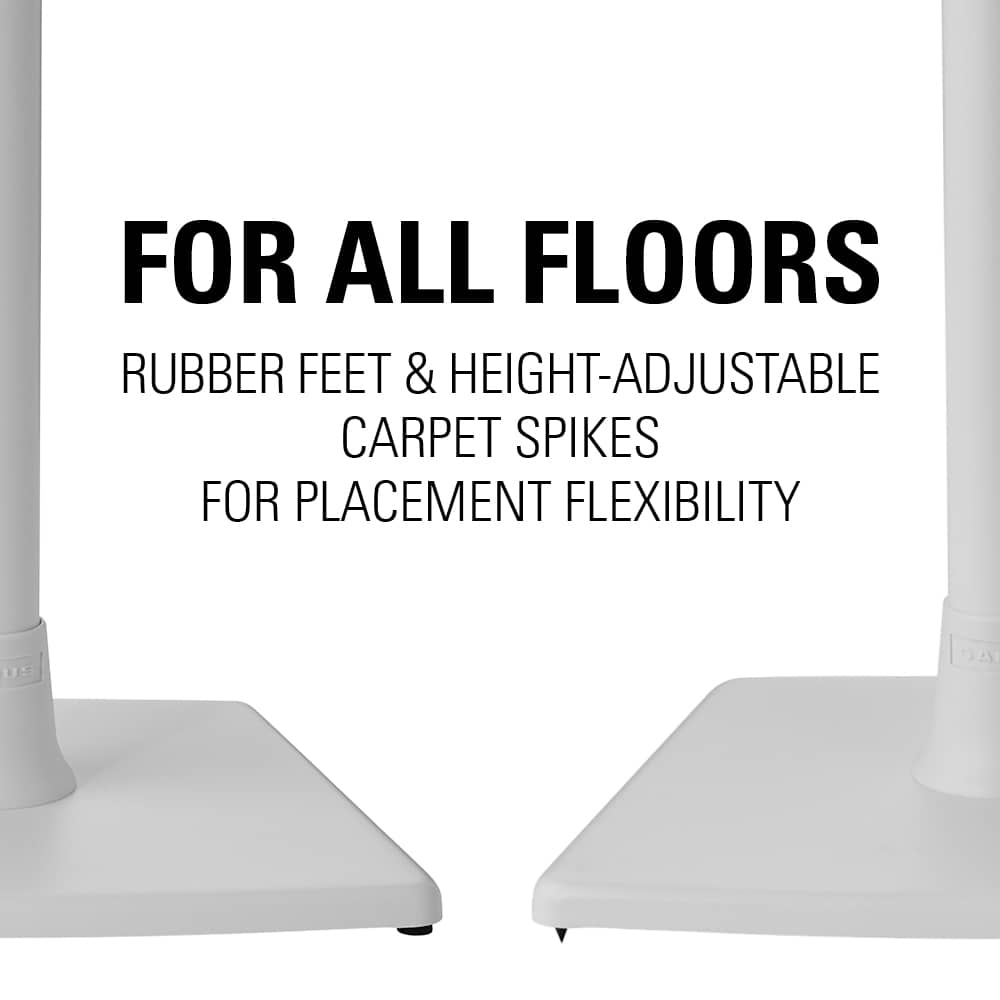 FOR ALL FLOORS: RUBBER FEET & HEIGHT-ADJUSTABLE CARPET SPIKES FOR PLACEMENT FLEXIBILITY