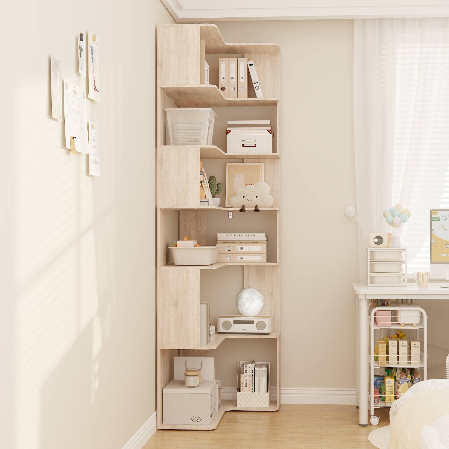 Left. Famapy - L-Shaped Corner Bookshelf with Multi-Tier Storage – Space-Saving Home Organizer for Living Room & Study - Wooden.